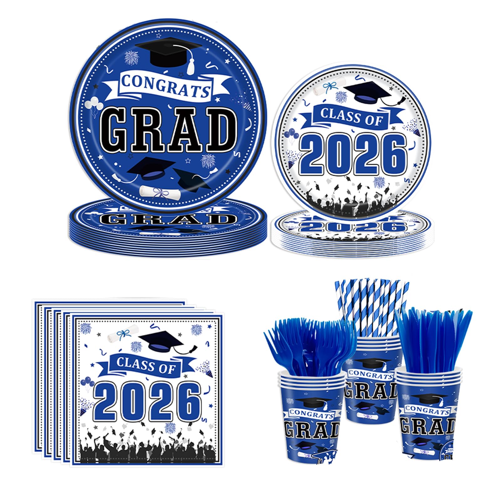 Graduation Decorations 2026 210Pcs, Black Gold Class of 2026 Graduation Party Decorations Tableware Set Disposable Grad Plates, Napkins, Dessert Plates, Cups, Straws and Forks for Grad Decor Supplies