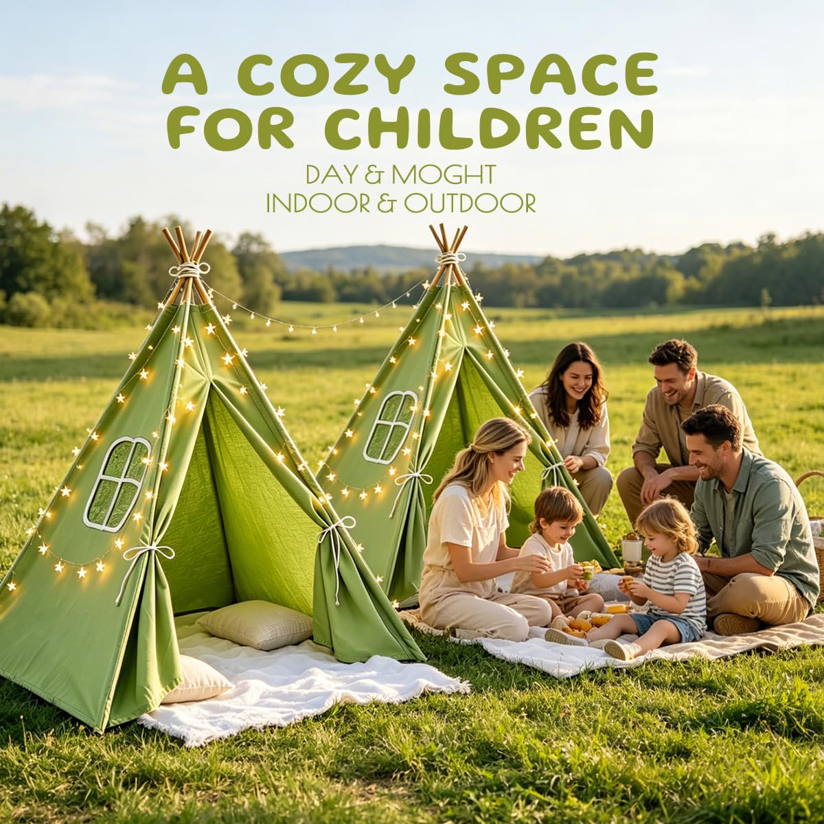 6 Pack Teepee Tent for Kids,Collapsible Kids Teepee Tent with 10 Ft String Lights,White Kid Teepee Boys Girls Indoor Outdoor Slumber Party Sleepover Party
