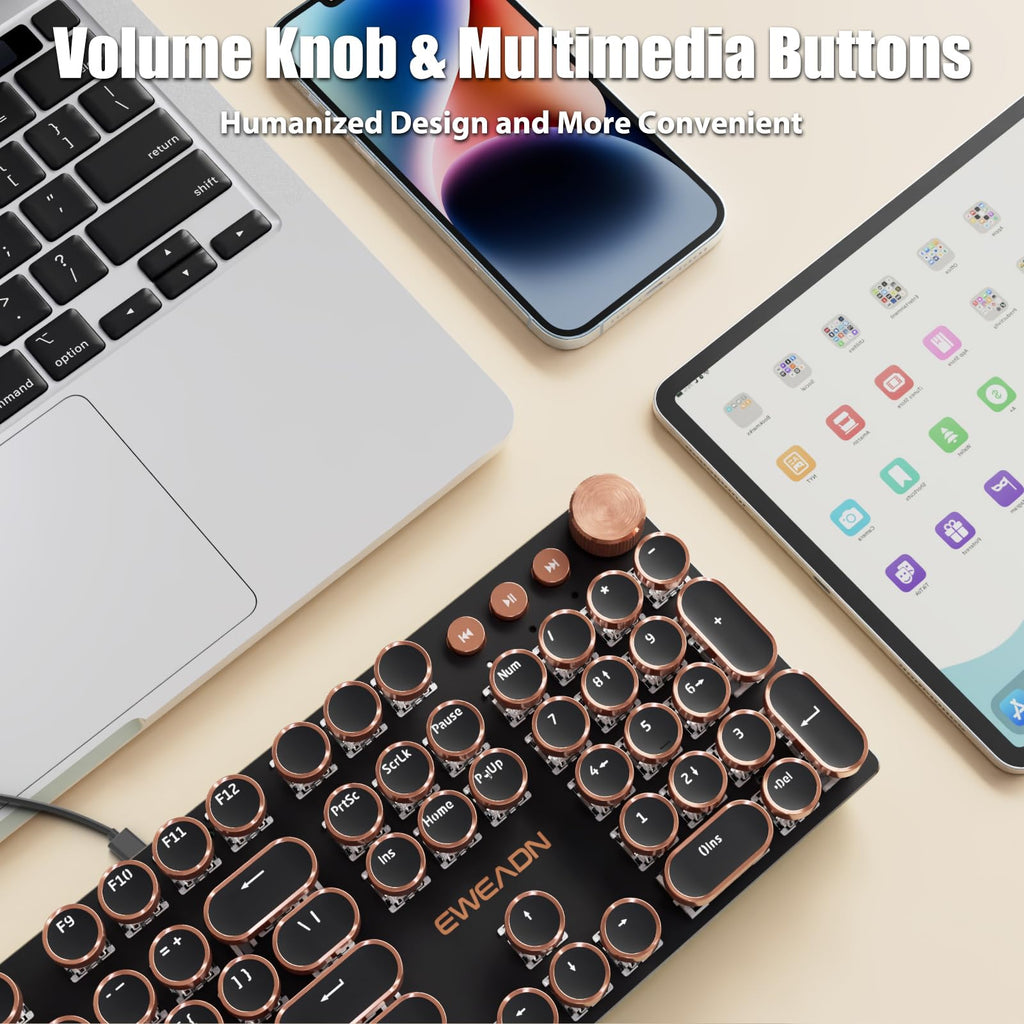 Typewriter Style Mechanical Gaming Keyboard White LED Backlit 104-Key NKRO Pink Switches Retro Round Keycaps Golden Ring Volume Knob Metal Panel Wired USB-C Detachable Cable, Rose Gold