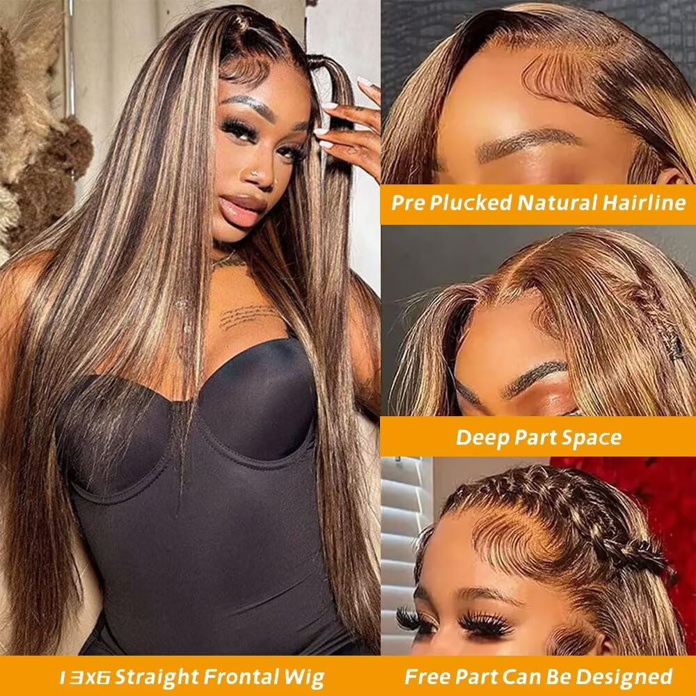 TTSMINS 13x6 Lace Front Wigs Human Hair for Women 180 Density HD Transparent 28 Inch Straight Lace Front Wigs Human Hair Pre Plucked Glueless Lace Frontal Wigs Natural Black Color