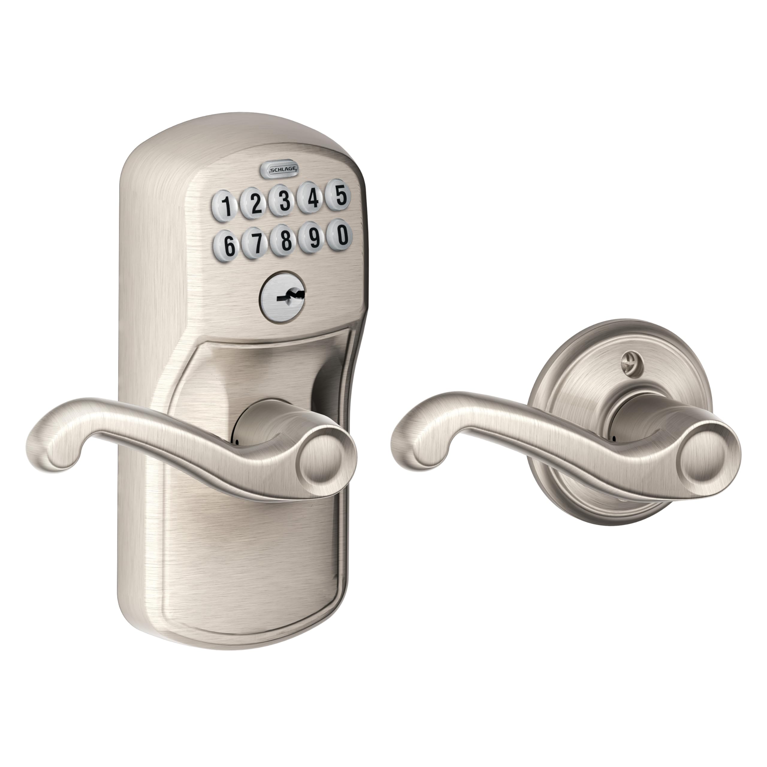 Schlage Plymouth Keypad Lock with Lever Handle, Electronic Keyless Door Entry, Auto‑Lock Enabled, Satin Chrome, FE575 PLY 626 ELA