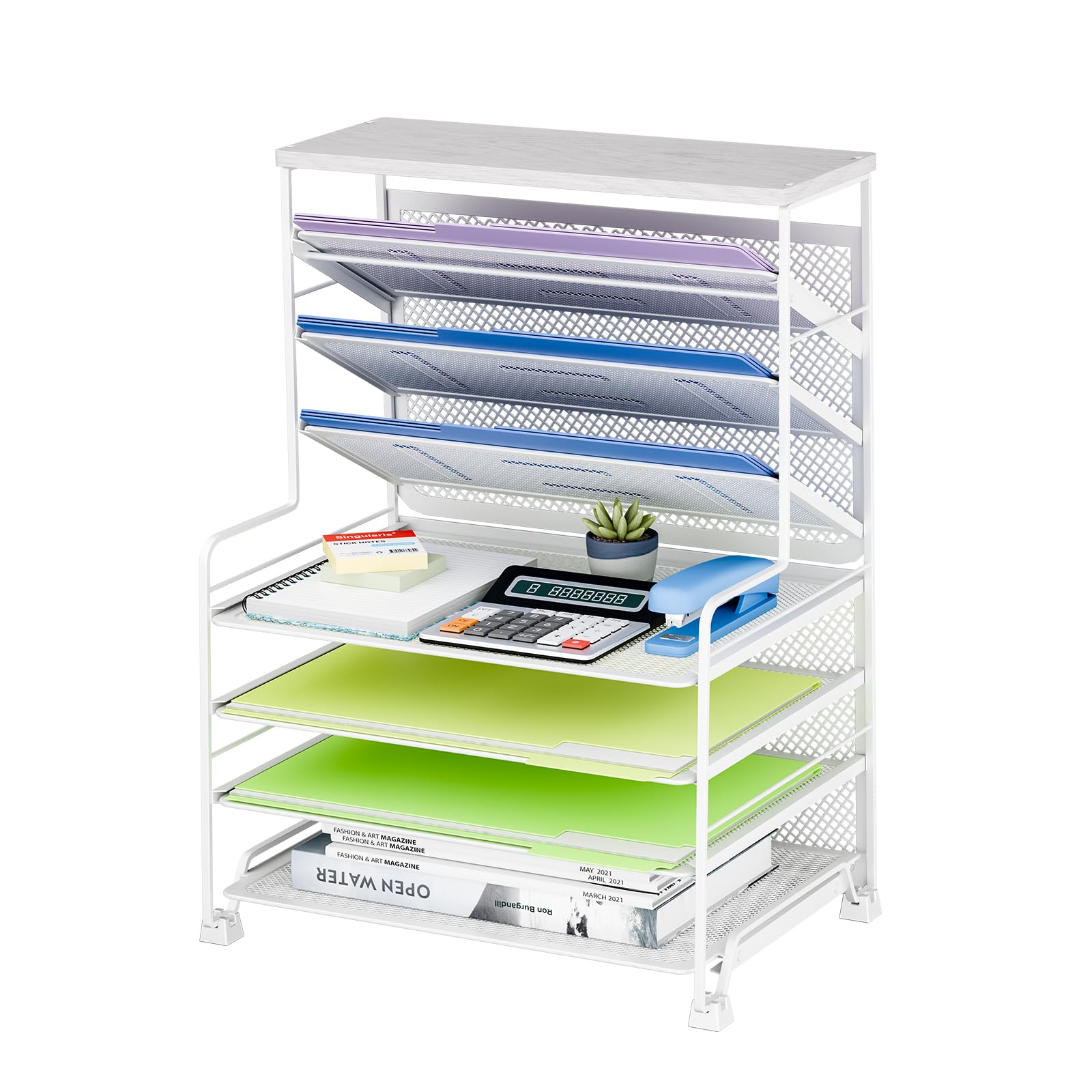 Simple Trending 7 Tier Desk File Organizer, Letter Tray Paper Organizer with Pen Holder and Metal Hanging Basket, Pink