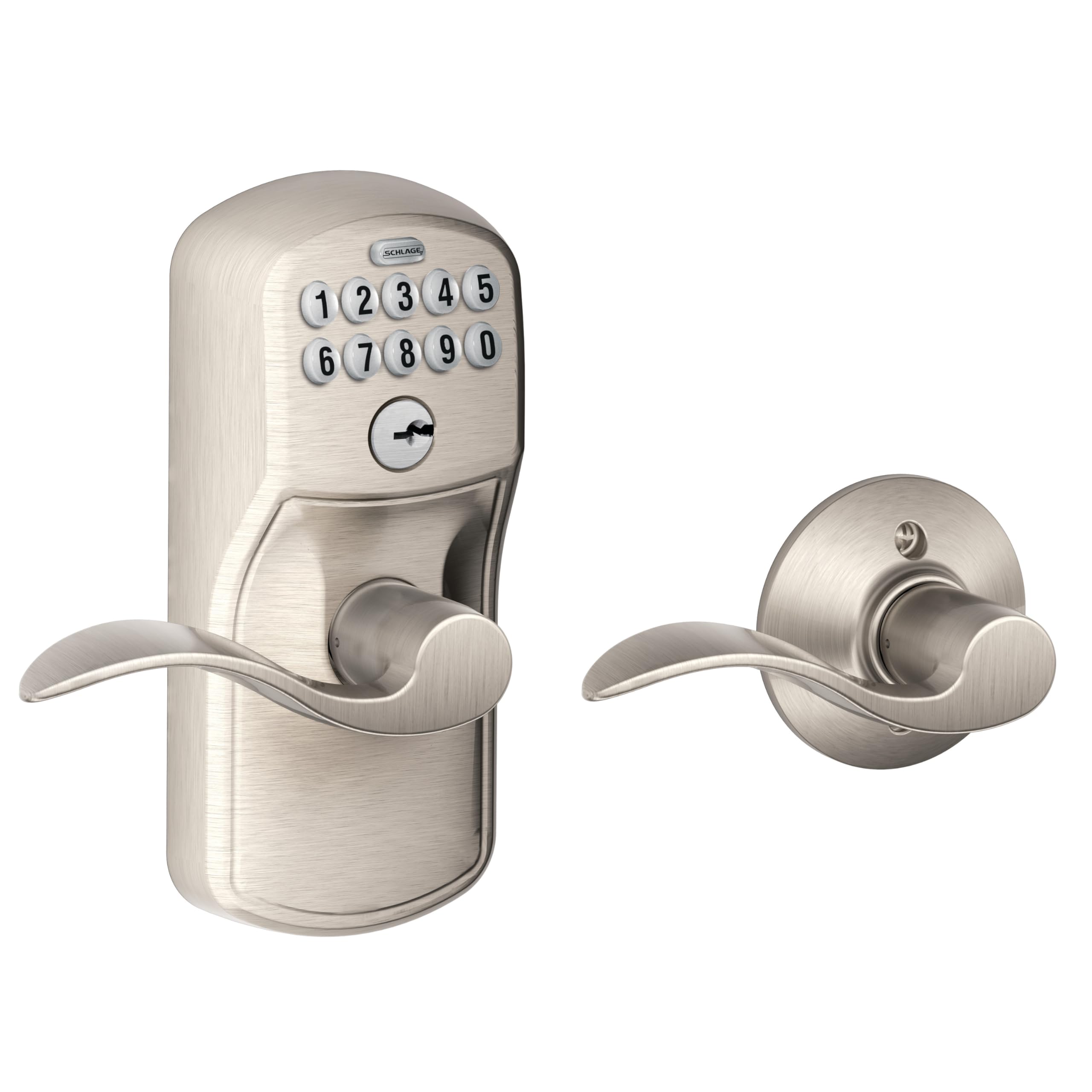 Schlage Plymouth Keypad Lock with Lever Handle, Electronic Keyless Door Entry, Auto‑Lock Enabled, Satin Chrome, FE575 PLY 626 ELA