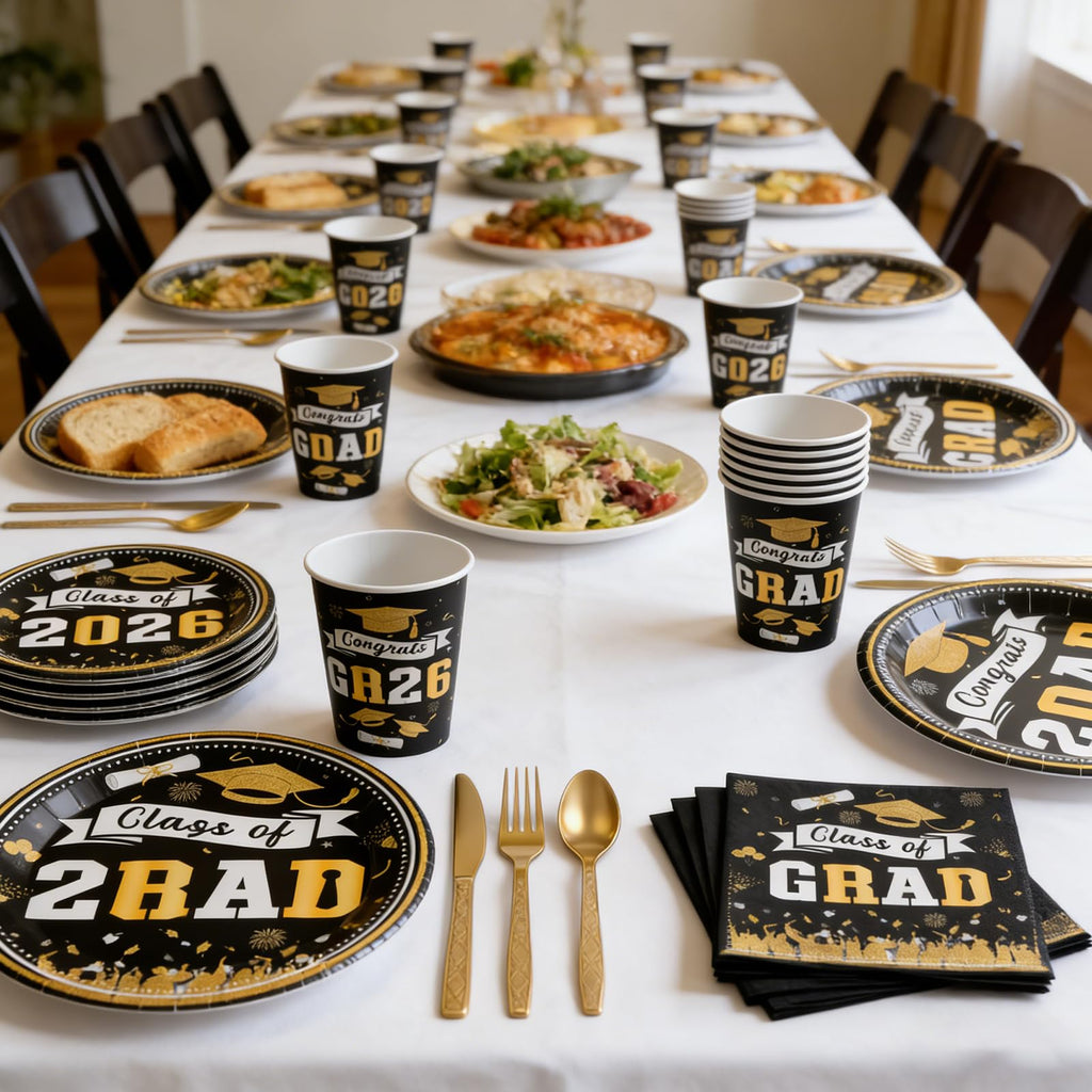 Graduation Decorations 2026 210Pcs, Black Gold Class of 2026 Graduation Party Decorations Tableware Set Disposable Grad Plates, Napkins, Dessert Plates, Cups, Straws and Forks for Grad Decor Supplies