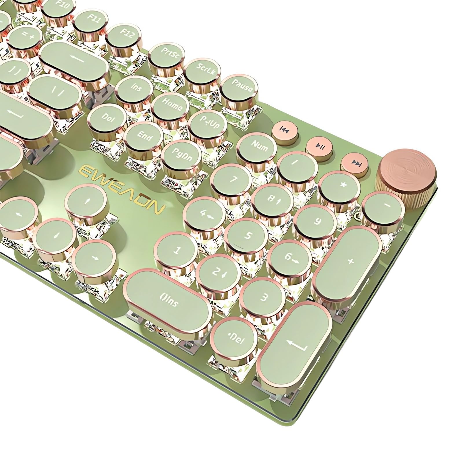 Typewriter Style Mechanical Gaming Keyboard White LED Backlit 104-Key NKRO Pink Switches Retro Round Keycaps Golden Ring Volume Knob Metal Panel Wired USB-C Detachable Cable, Rose Gold