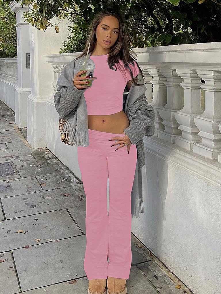 AYWA Women's 2 Piece Lounge Sets Short Sleeve Crop Top Foldover Flare Pants Casual Pajama Outfits