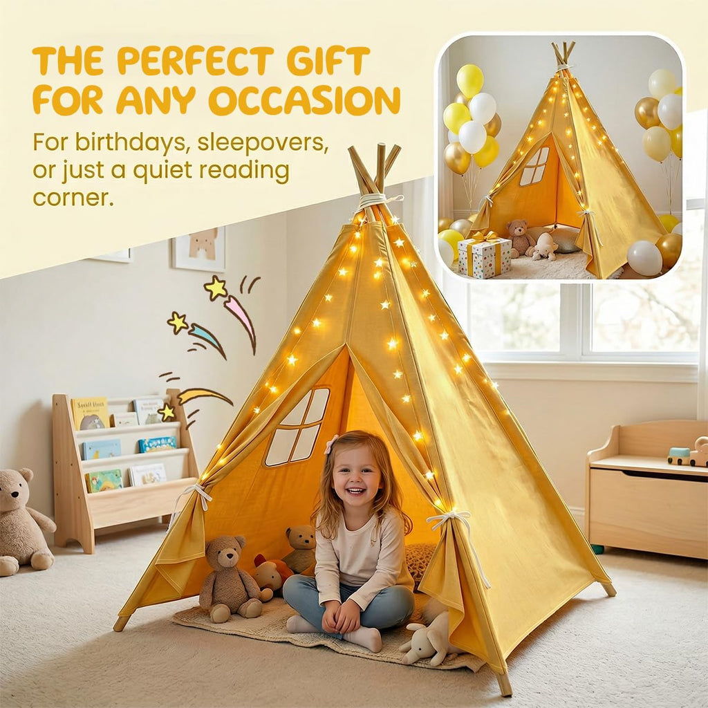 6 Pack Teepee Tent for Kids,Collapsible Kids Teepee Tent with 10 Ft String Lights,White Kid Teepee Boys Girls Indoor Outdoor Slumber Party Sleepover Party