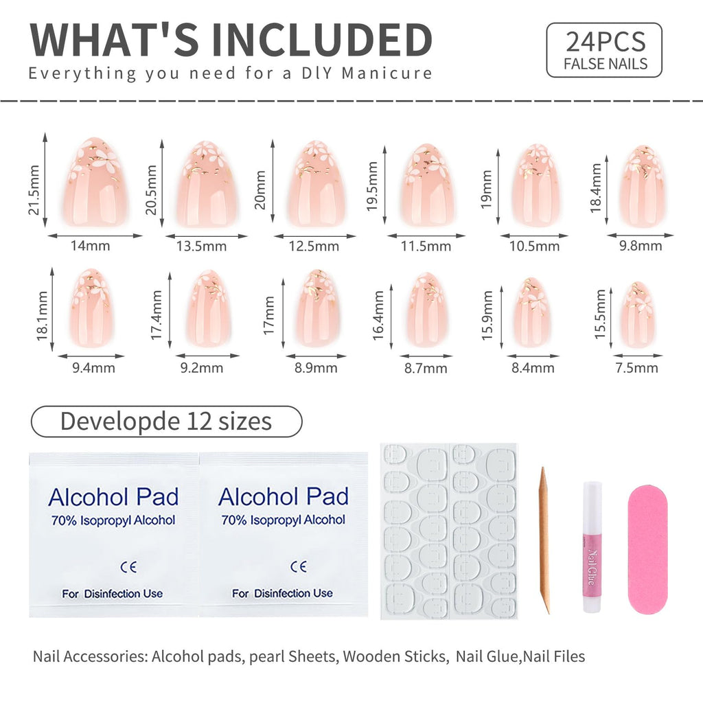 Summer French Press On Nails Short Almond, Cute Nude Pink Fake Nails with White French Tip & Brown Dot Detail, Glossy Gel Acrylic Stick On Nails, Perfect for Daily Wear & Gifts, New Packaging, 32PCS
