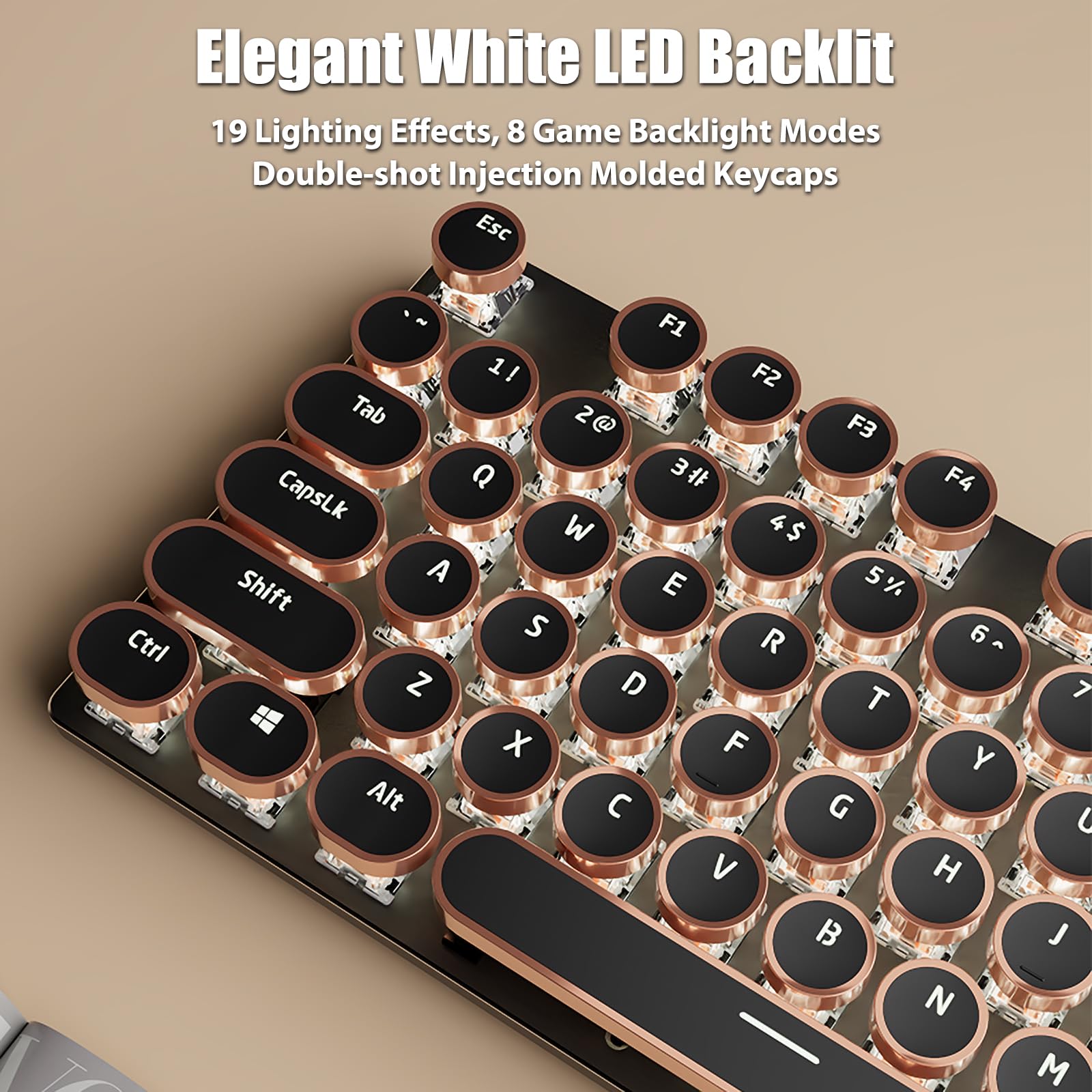 Typewriter Style Mechanical Gaming Keyboard White LED Backlit 104-Key NKRO Pink Switches Retro Round Keycaps Golden Ring Volume Knob Metal Panel Wired USB-C Detachable Cable, Rose Gold