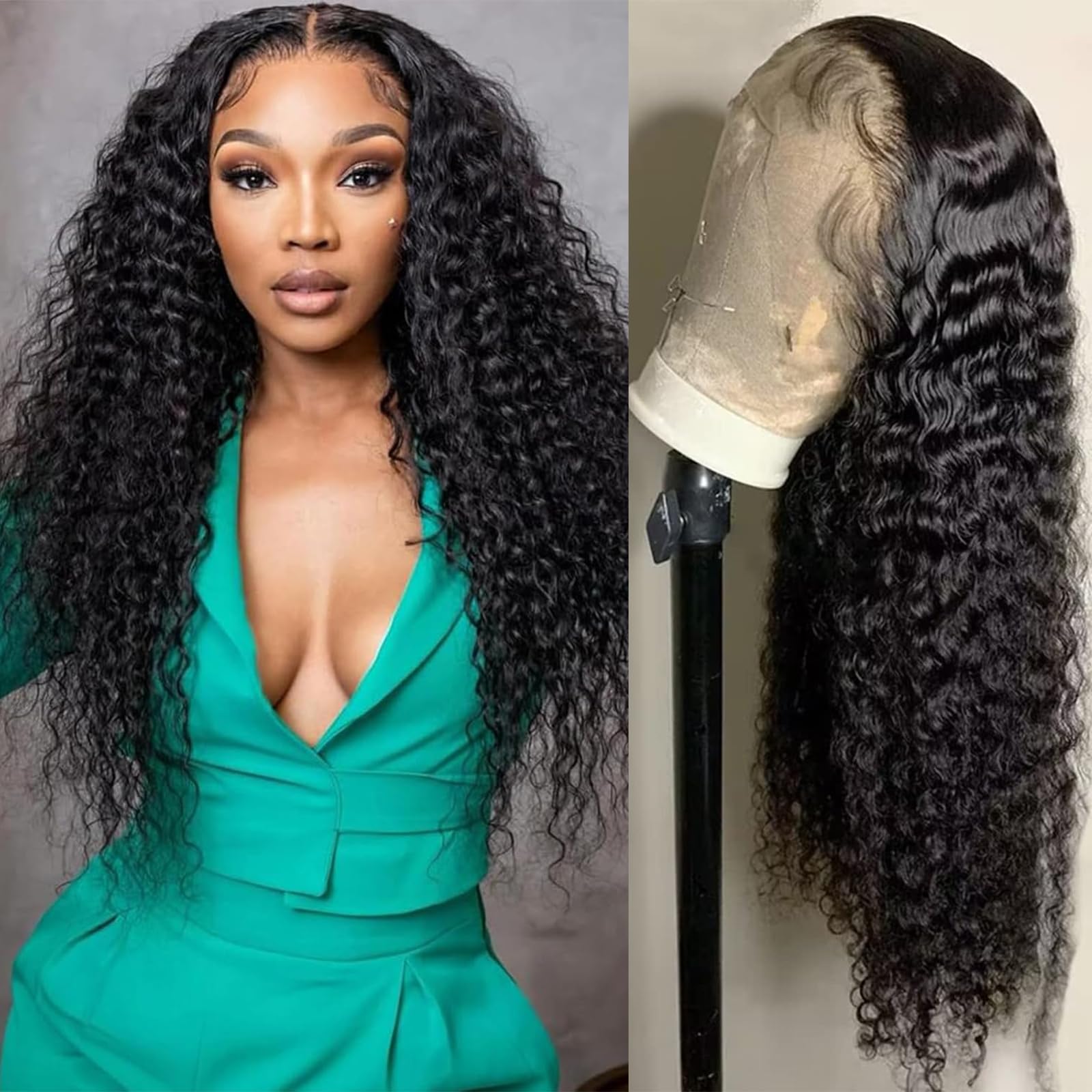 Nsvnsv 30 Inch 13x6 Deep Wave Lace Front Wigs Human Hair HD Full Lace Frontal Wigs Pre Plucked Bleached Knots 180% Density Deep Curly Human Hair Wig Natural Color