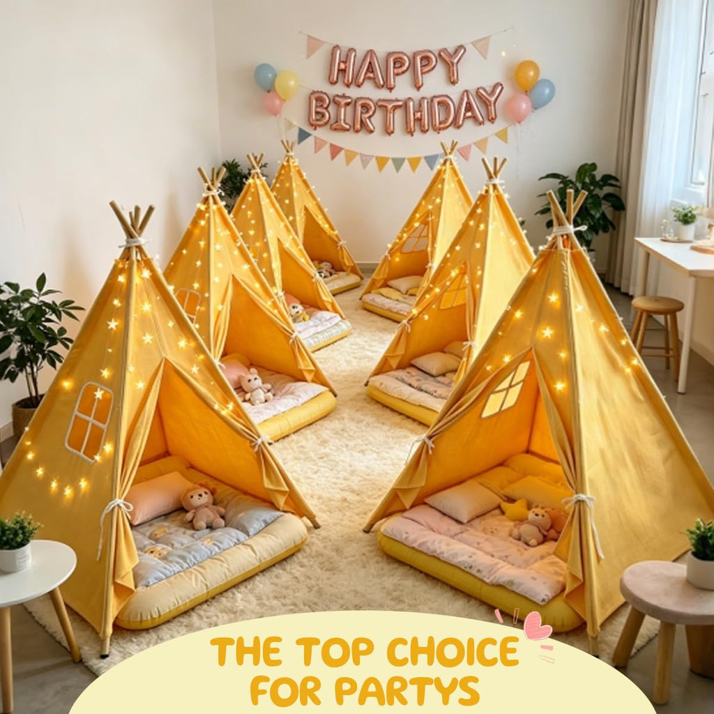 6 Pack Teepee Tent for Kids,Collapsible Kids Teepee Tent with 10 Ft String Lights,White Kid Teepee Boys Girls Indoor Outdoor Slumber Party Sleepover Party