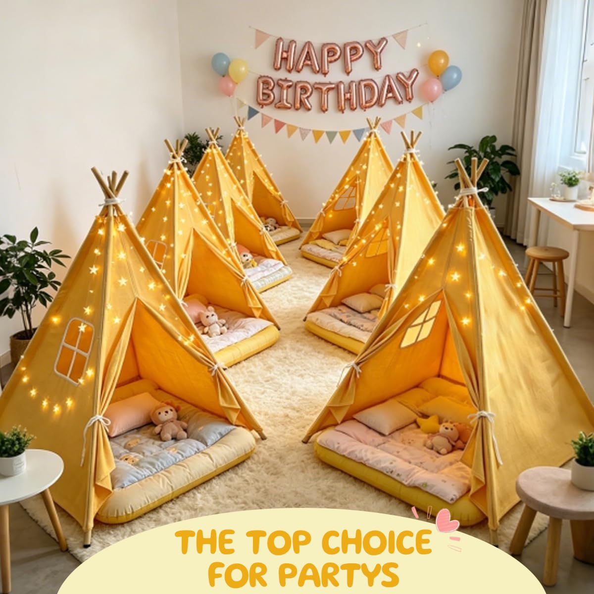 6 Pack Teepee Tent for Kids,Collapsible Kids Teepee Tent with 10 Ft String Lights,White Kid Teepee Boys Girls Indoor Outdoor Slumber Party Sleepover Party