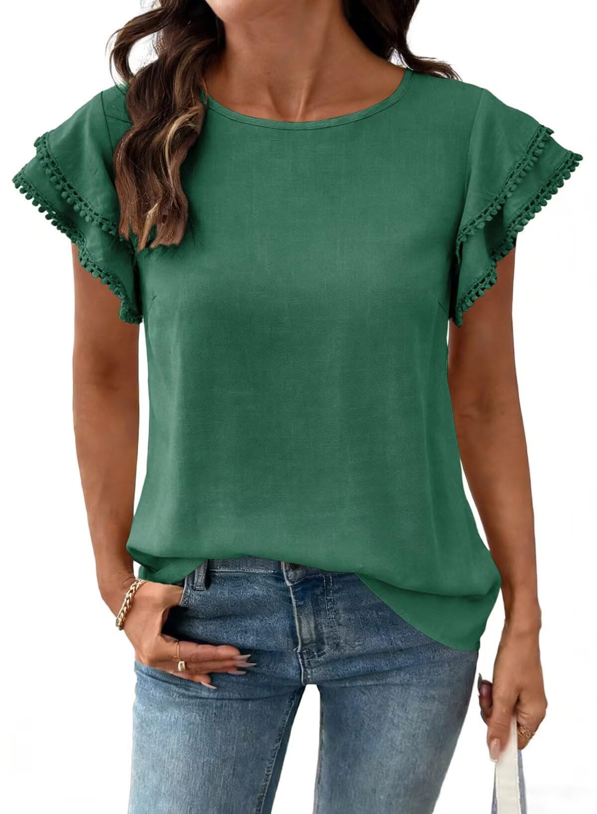 Dokotoo Summer Tops for Women 2026 Casual Round Neck Ruffle Cap Sleeve Blouse Shirts Solid Color Tunic Tops