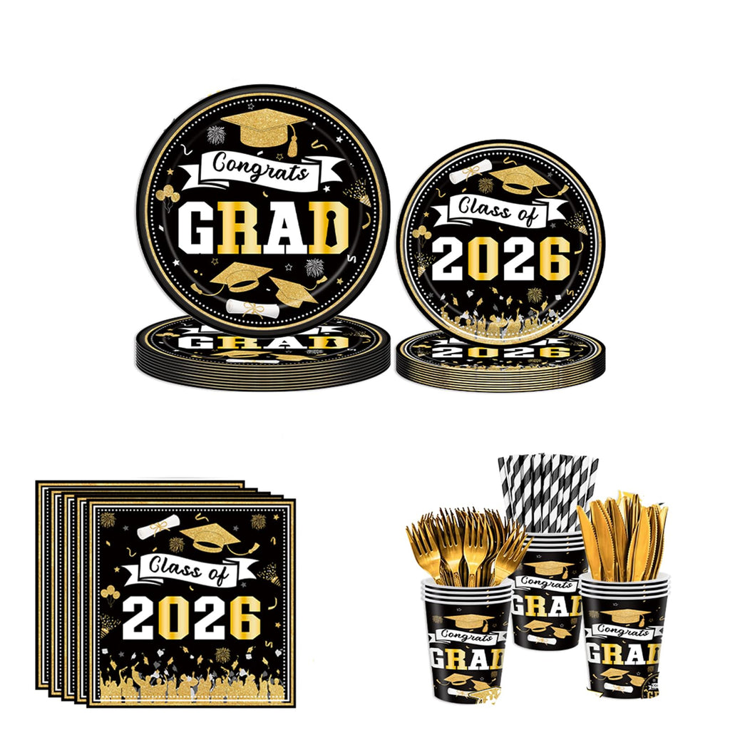 Graduation Decorations 2026 210Pcs, Black Gold Class of 2026 Graduation Party Decorations Tableware Set Disposable Grad Plates, Napkins, Dessert Plates, Cups, Straws and Forks for Grad Decor Supplies
