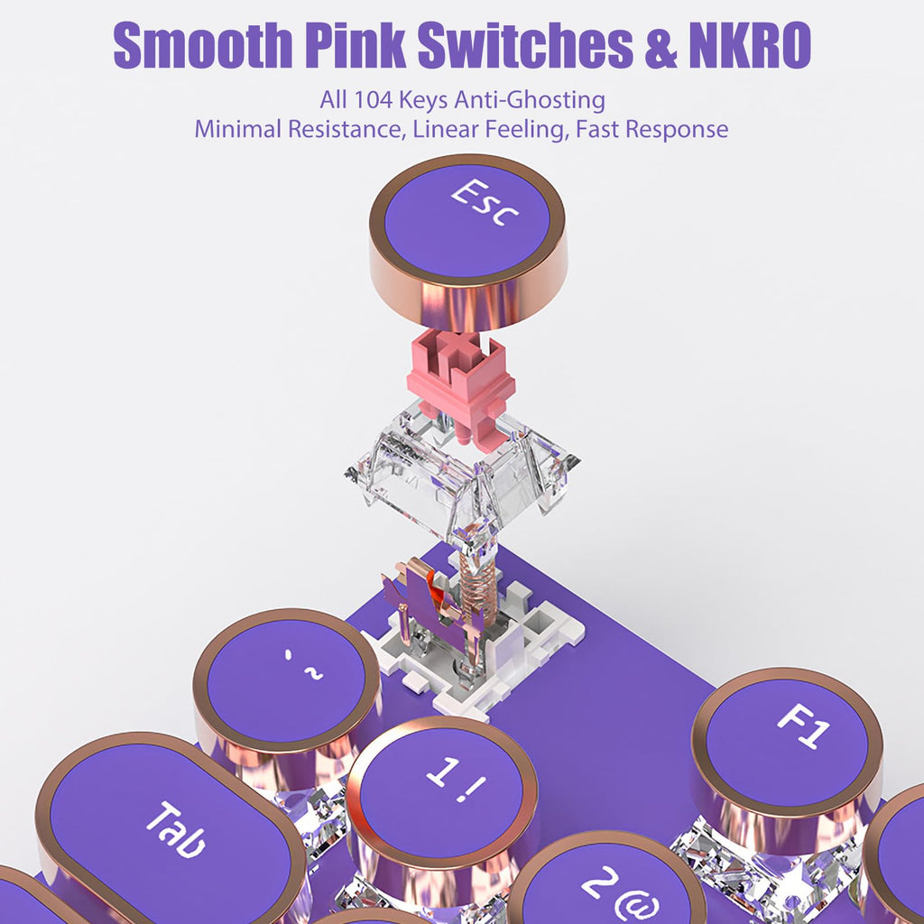 Typewriter Style Mechanical Gaming Keyboard White LED Backlit 104-Key NKRO Pink Switches Retro Round Keycaps Golden Ring Volume Knob Metal Panel Wired USB-C Detachable Cable, Rose Gold