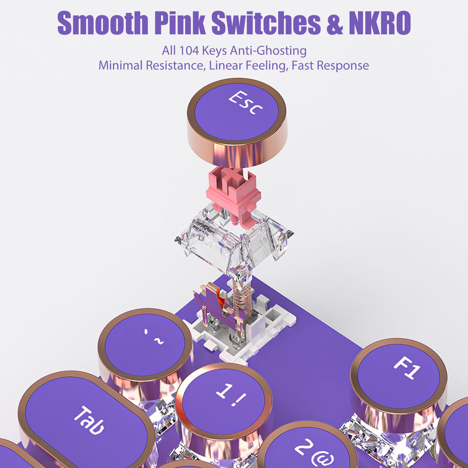 Typewriter Style Mechanical Gaming Keyboard White LED Backlit 104-Key NKRO Pink Switches Retro Round Keycaps Golden Ring Volume Knob Metal Panel Wired USB-C Detachable Cable, Rose Gold
