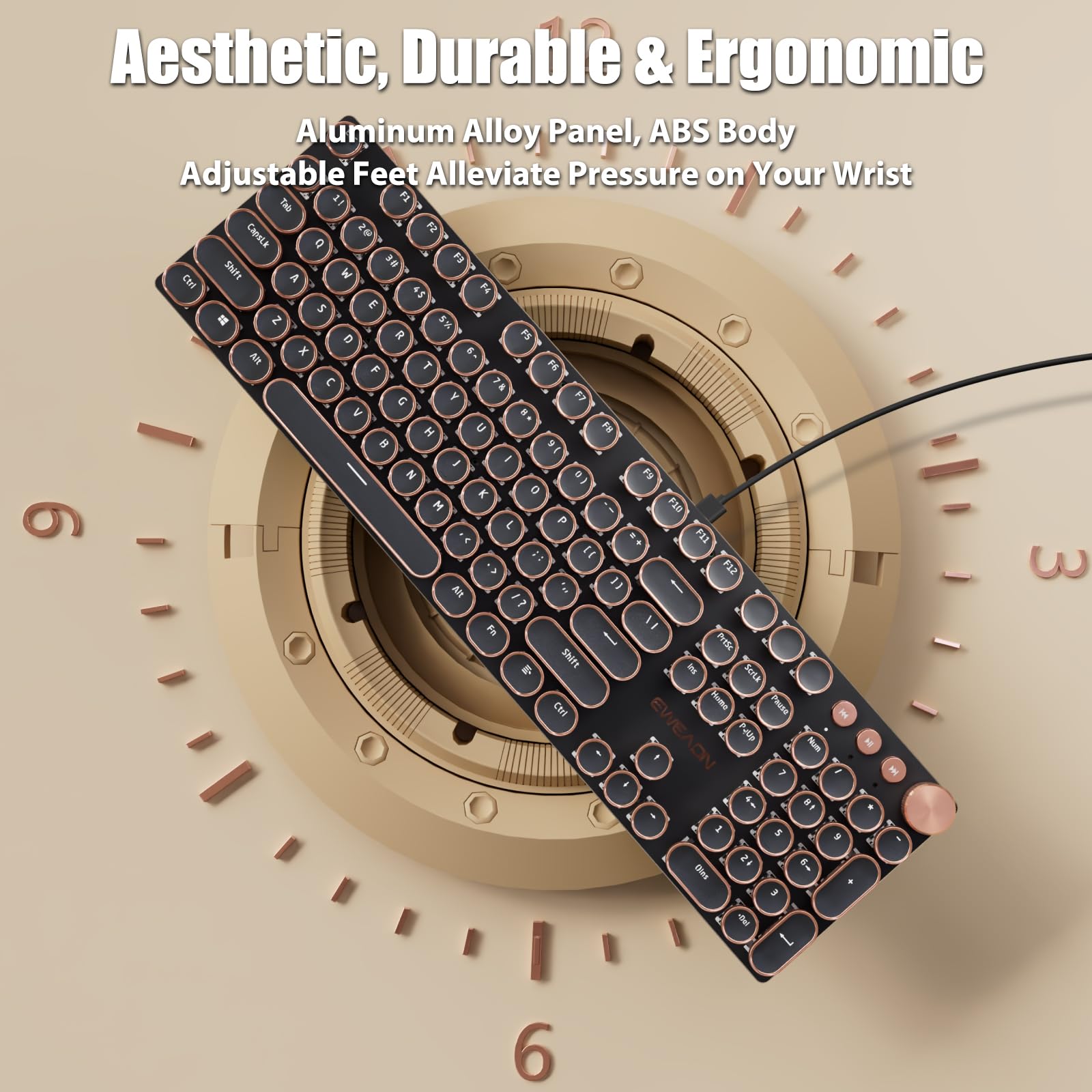 Typewriter Style Mechanical Gaming Keyboard White LED Backlit 104-Key NKRO Pink Switches Retro Round Keycaps Golden Ring Volume Knob Metal Panel Wired USB-C Detachable Cable, Rose Gold