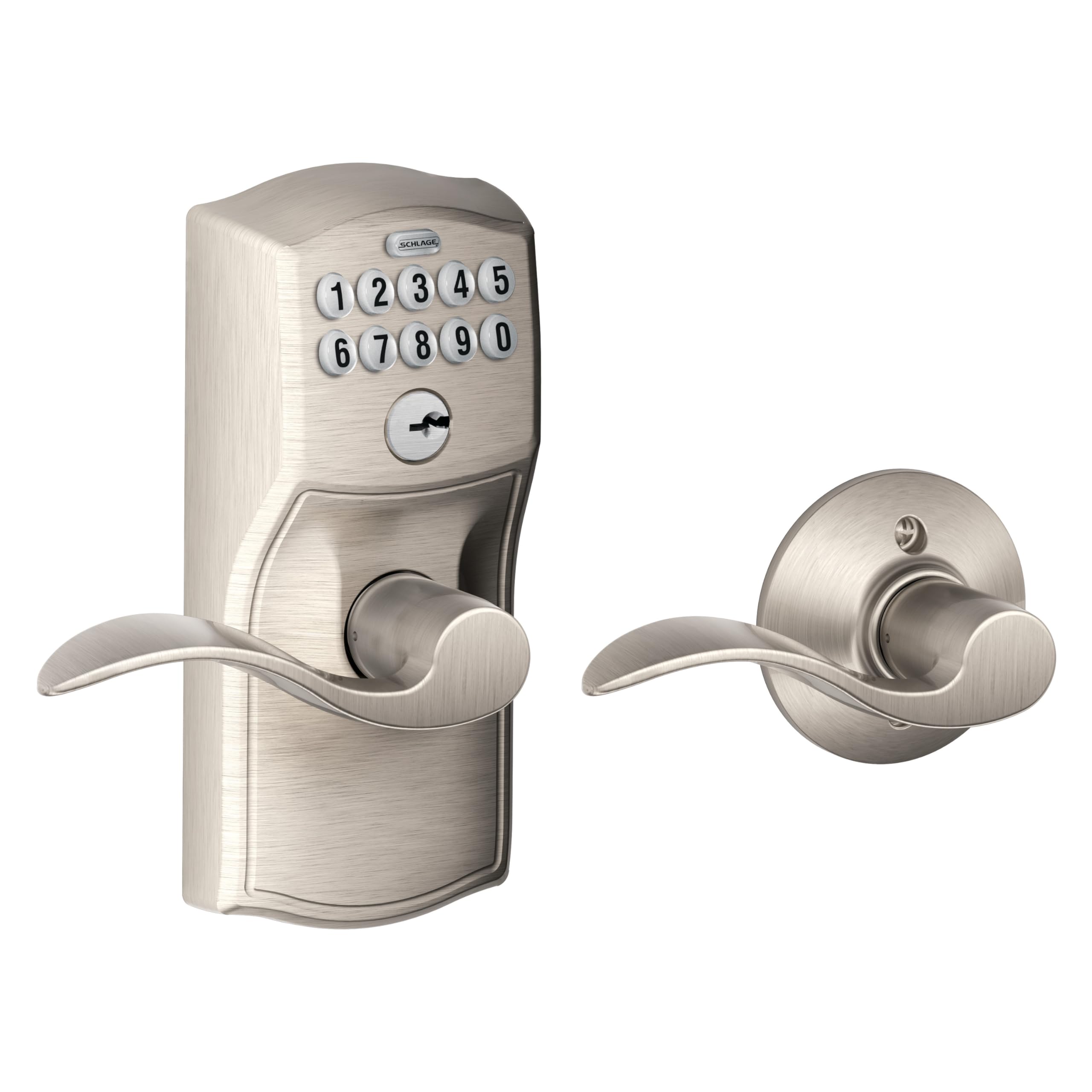 Schlage Plymouth Keypad Lock with Lever Handle, Electronic Keyless Door Entry, Auto‑Lock Enabled, Satin Chrome, FE575 PLY 626 ELA