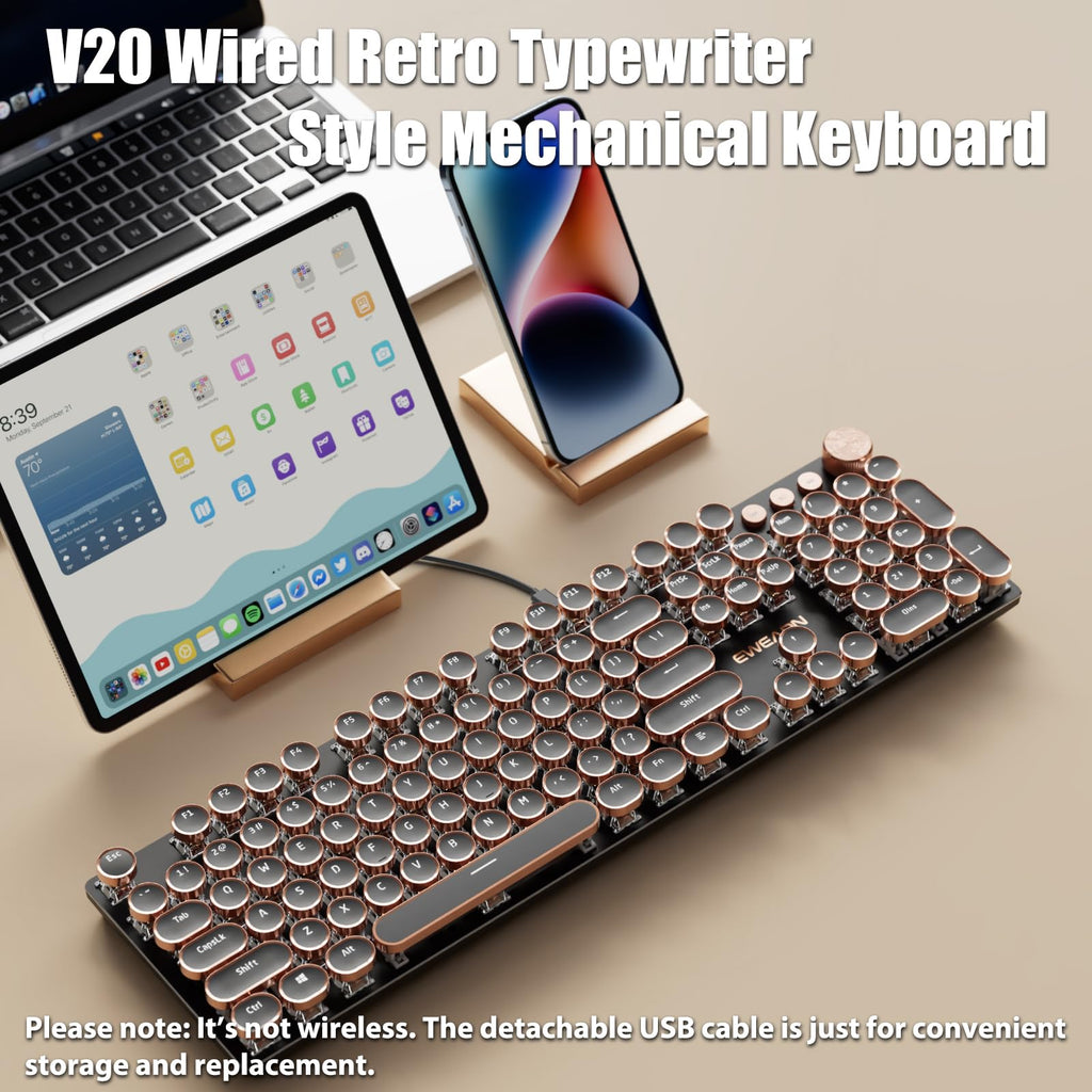 Typewriter Style Mechanical Gaming Keyboard White LED Backlit 104-Key NKRO Pink Switches Retro Round Keycaps Golden Ring Volume Knob Metal Panel Wired USB-C Detachable Cable, Rose Gold