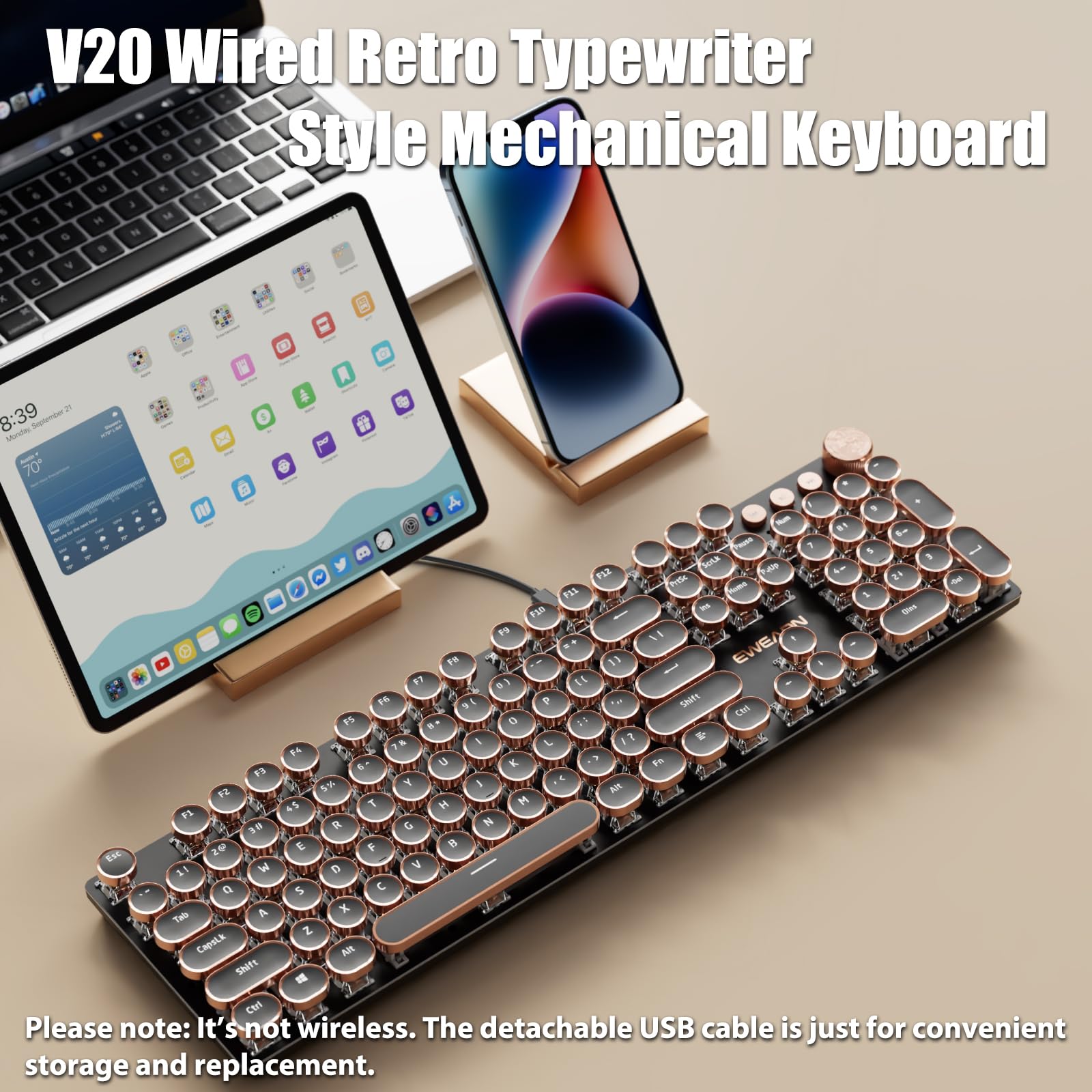 Typewriter Style Mechanical Gaming Keyboard White LED Backlit 104-Key NKRO Pink Switches Retro Round Keycaps Golden Ring Volume Knob Metal Panel Wired USB-C Detachable Cable, Rose Gold