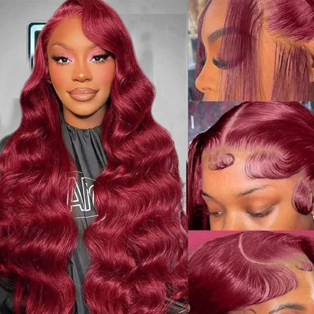 QZOQZO 28 Inch 99j Burgundy Lace Front Wigs Human Hair Red Burgundy Wig 180% Density 13x6 Body Wave Lace Front Wigs Pre Plucked Glueless Lace Front Wigs Human Hair for Women