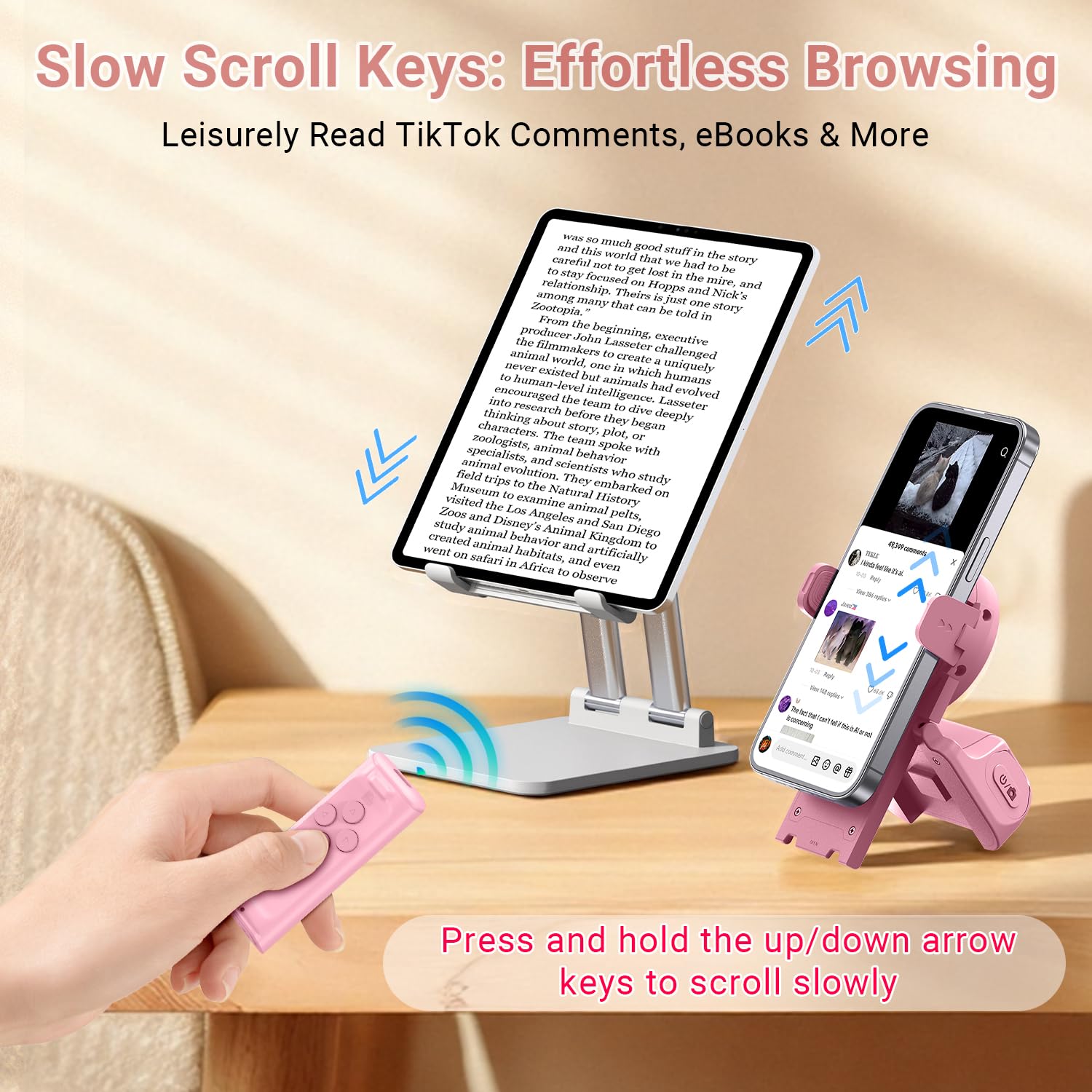 MILOUZ Remote Control Scrolling for Tiktok with Phone Stand,Page Turner for Kindle App E-Book,Bluetooth Camera Shutter Remote for iPhone, Android,iOS,iPad,Tablet (Purple)