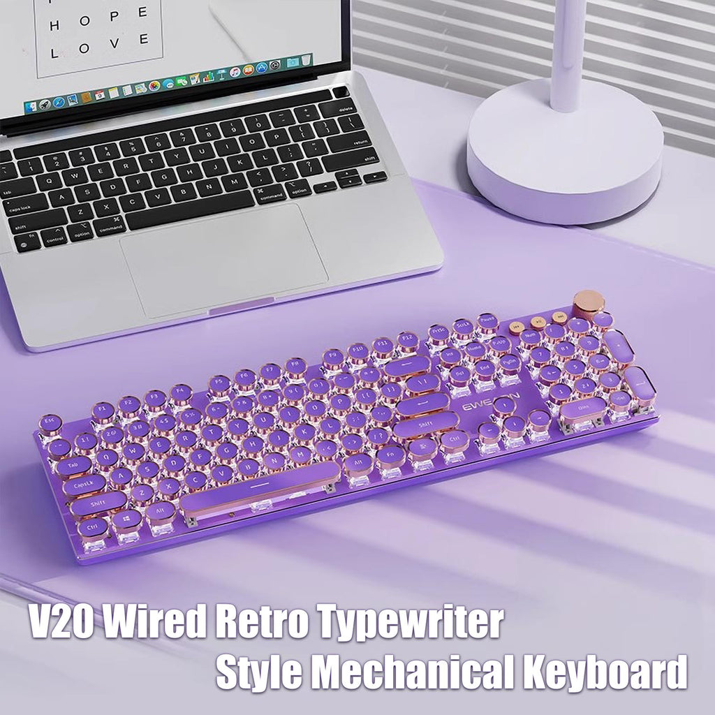 Typewriter Style Mechanical Gaming Keyboard White LED Backlit 104-Key NKRO Pink Switches Retro Round Keycaps Golden Ring Volume Knob Metal Panel Wired USB-C Detachable Cable, Rose Gold