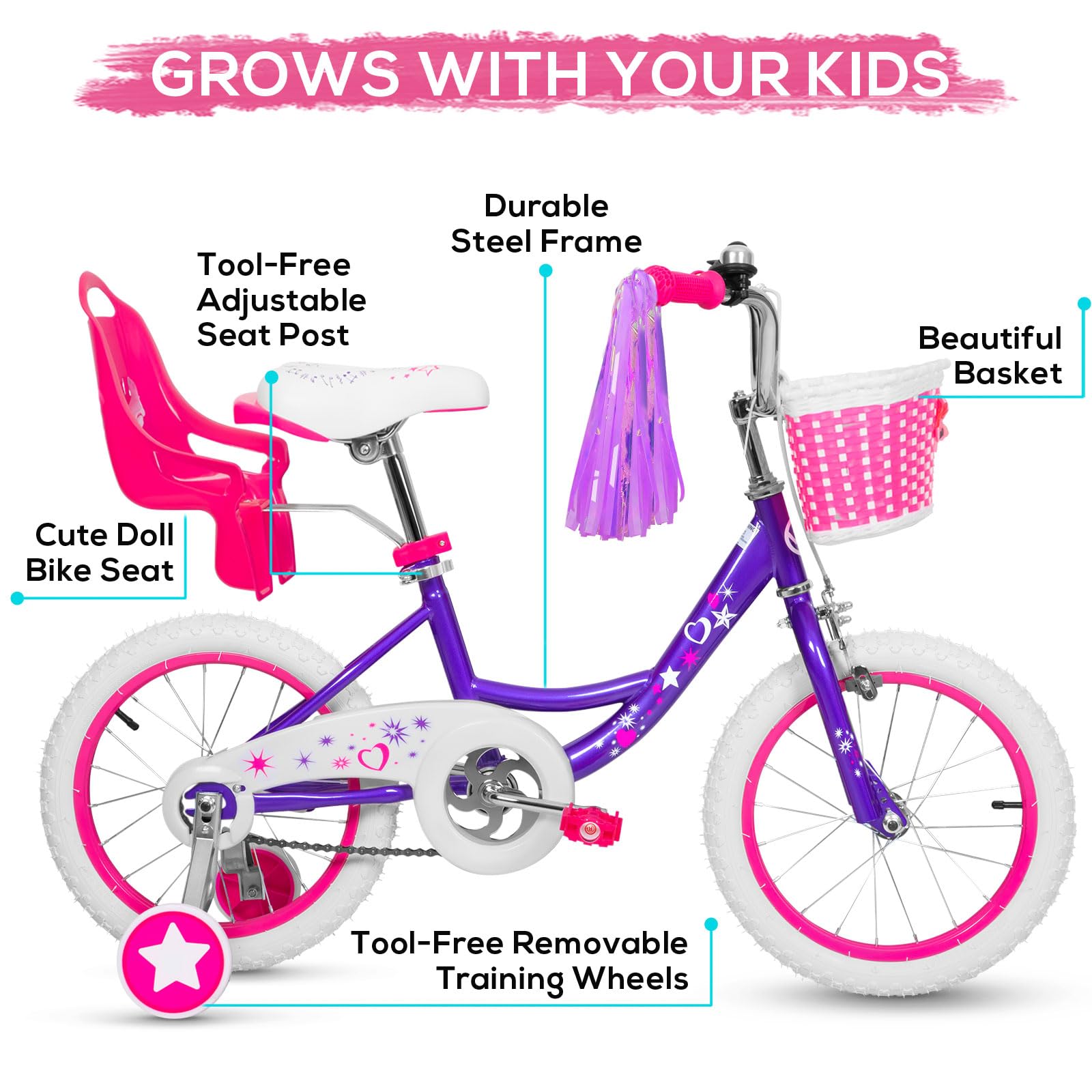 WEIZE Girls Bike for 3-12 Years Old Kids, 14 16 20 Inch Kids Bike with Training Wheels, Streamers, Basket and Doll Seat, Children Bicycles with Coaster Brake, Multiple Colors