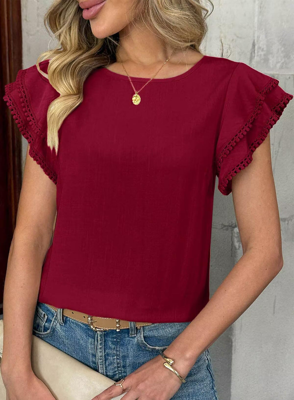 Dokotoo Summer Tops for Women 2026 Casual Round Neck Ruffle Cap Sleeve Blouse Shirts Solid Color Tunic Tops