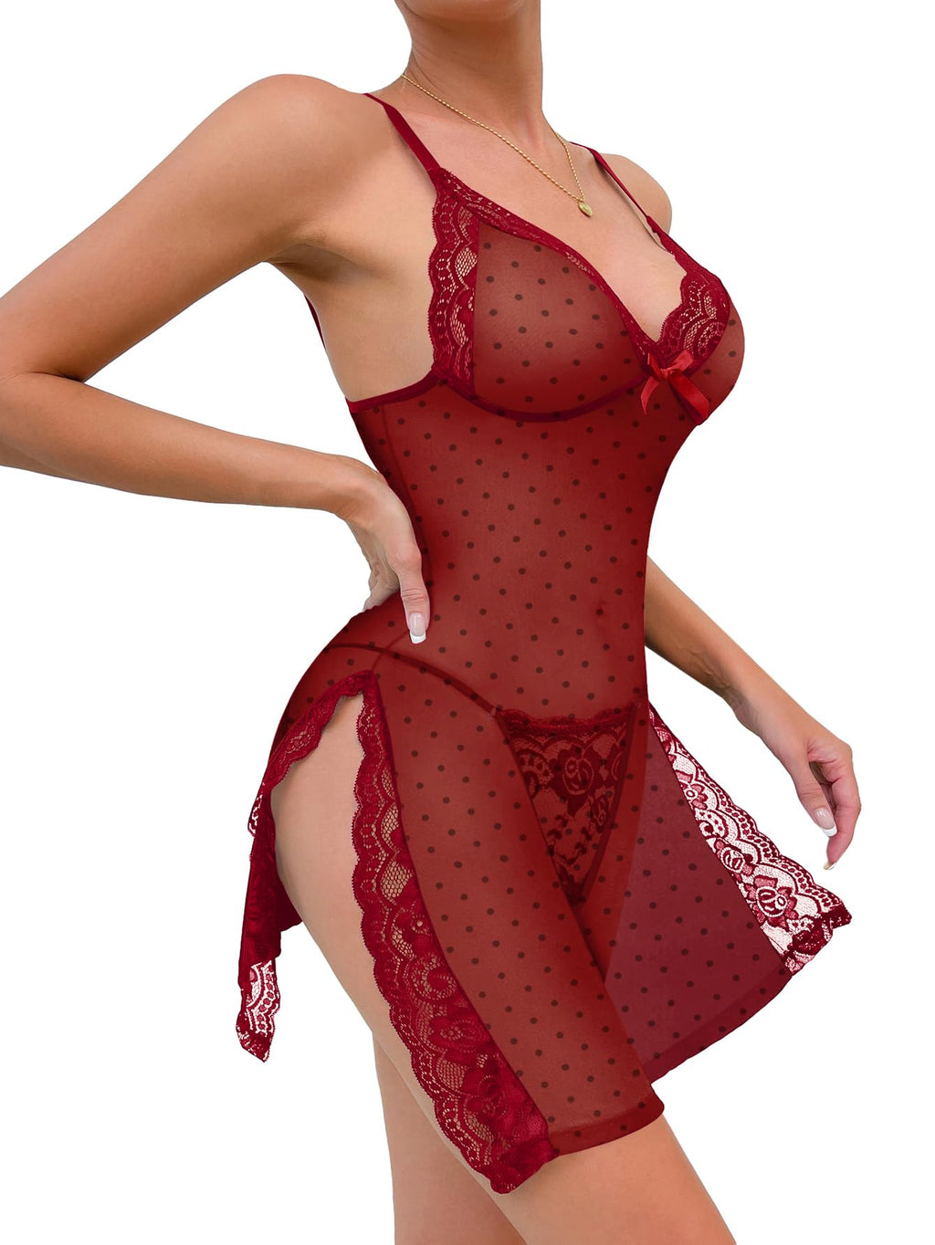 Foxiny Sexy Split Side Floral Lace Trim Full Slip Night Gown Babydoll Lingerie Dress with Thong 2 piece