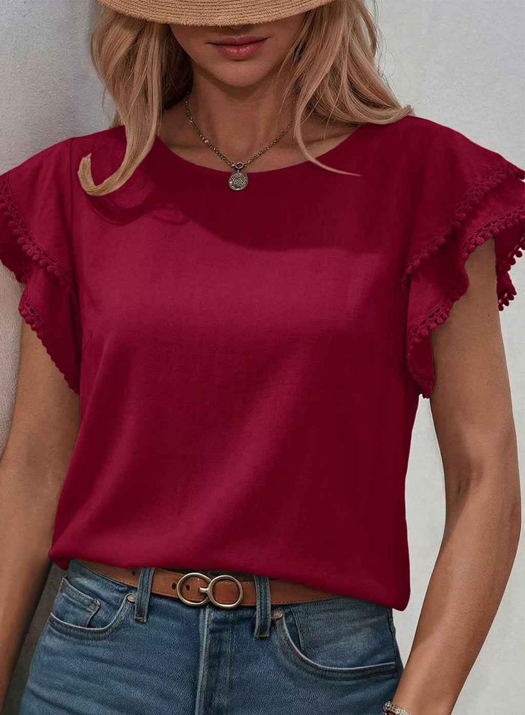Dokotoo Summer Tops for Women 2026 Casual Round Neck Ruffle Cap Sleeve Blouse Shirts Solid Color Tunic Tops