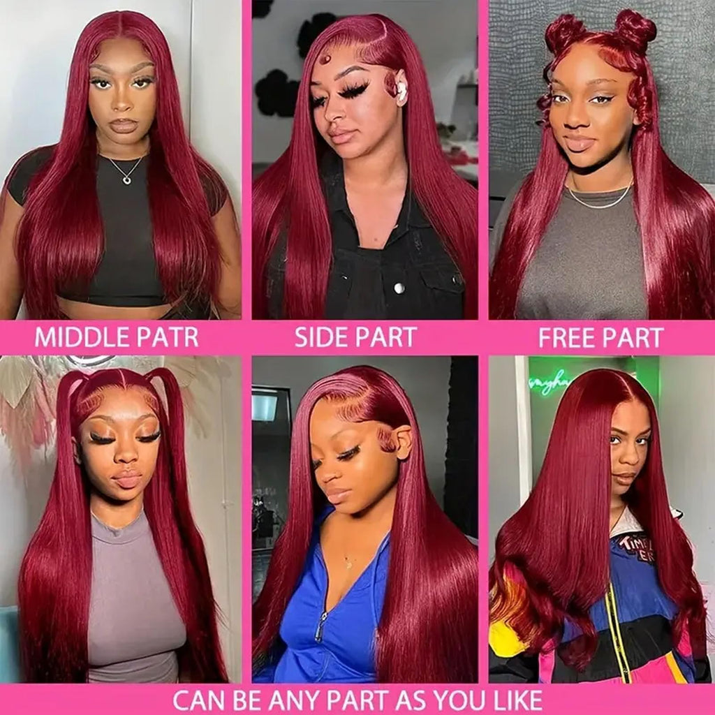 Fiumer Burgundy Wig Human Hair 28inch 13x6 HD Transparent Lace Straight 99J Red Human Hair Wig Colored Reddish Brown Lace Frontal Wigs 180% Density Pre Plucked