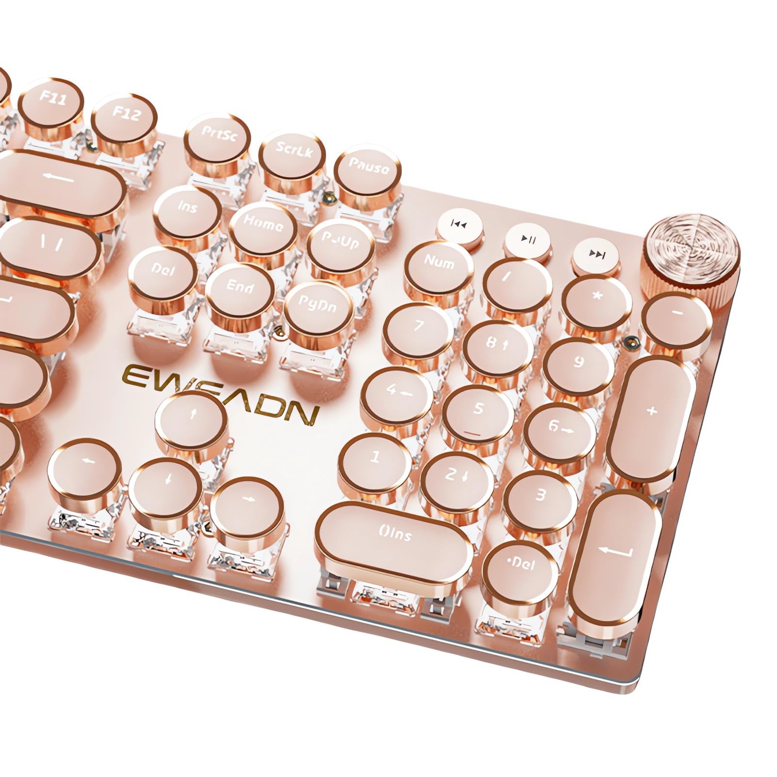 Typewriter Style Mechanical Gaming Keyboard White LED Backlit 104-Key NKRO Pink Switches Retro Round Keycaps Golden Ring Volume Knob Metal Panel Wired USB-C Detachable Cable, Rose Gold