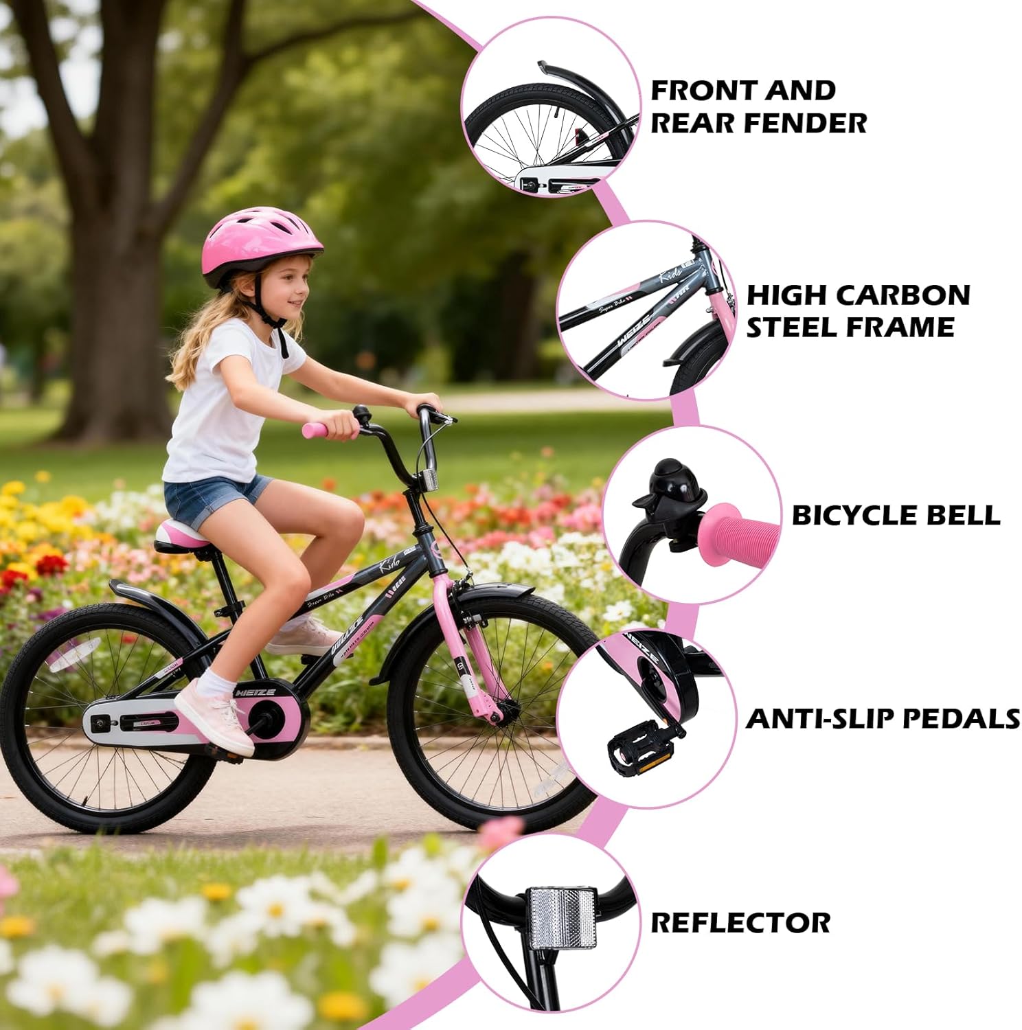 WEIZE Kids Bike, 20 Inch Children Bicycle for Boys & Girls Ages 6-12 Years Old, Rider Height 48-60 Inch, Adjustable Seat & Handlebars, Coaster Brake, Pinkblack