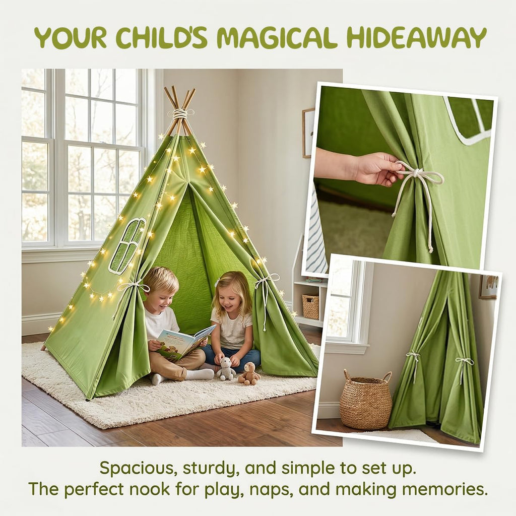 6 Pack Teepee Tent for Kids,Collapsible Kids Teepee Tent with 10 Ft String Lights,White Kid Teepee Boys Girls Indoor Outdoor Slumber Party Sleepover Party