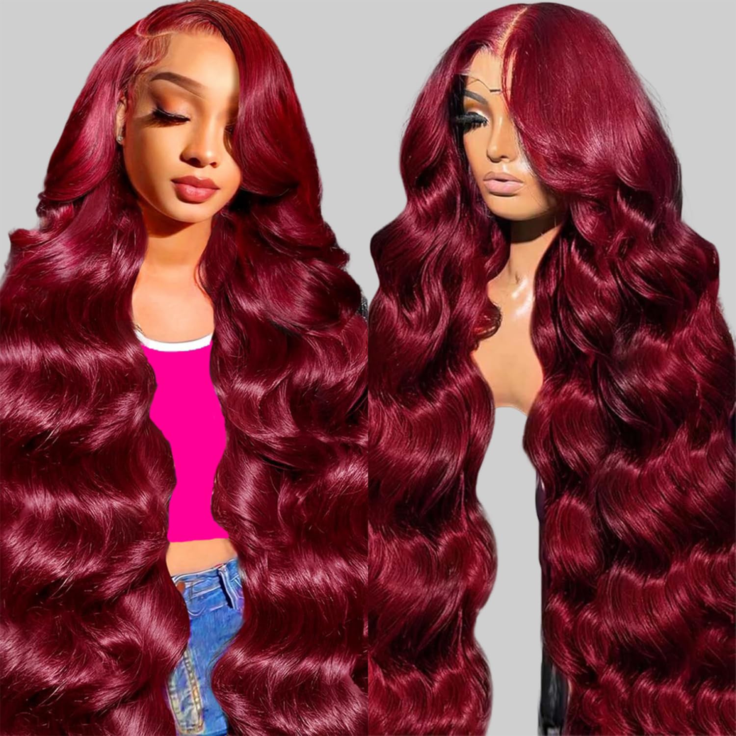 QZOQZO 28 Inch 99j Burgundy Lace Front Wigs Human Hair Red Burgundy Wig 180% Density 13x6 Body Wave Lace Front Wigs Pre Plucked Glueless Lace Front Wigs Human Hair for Women