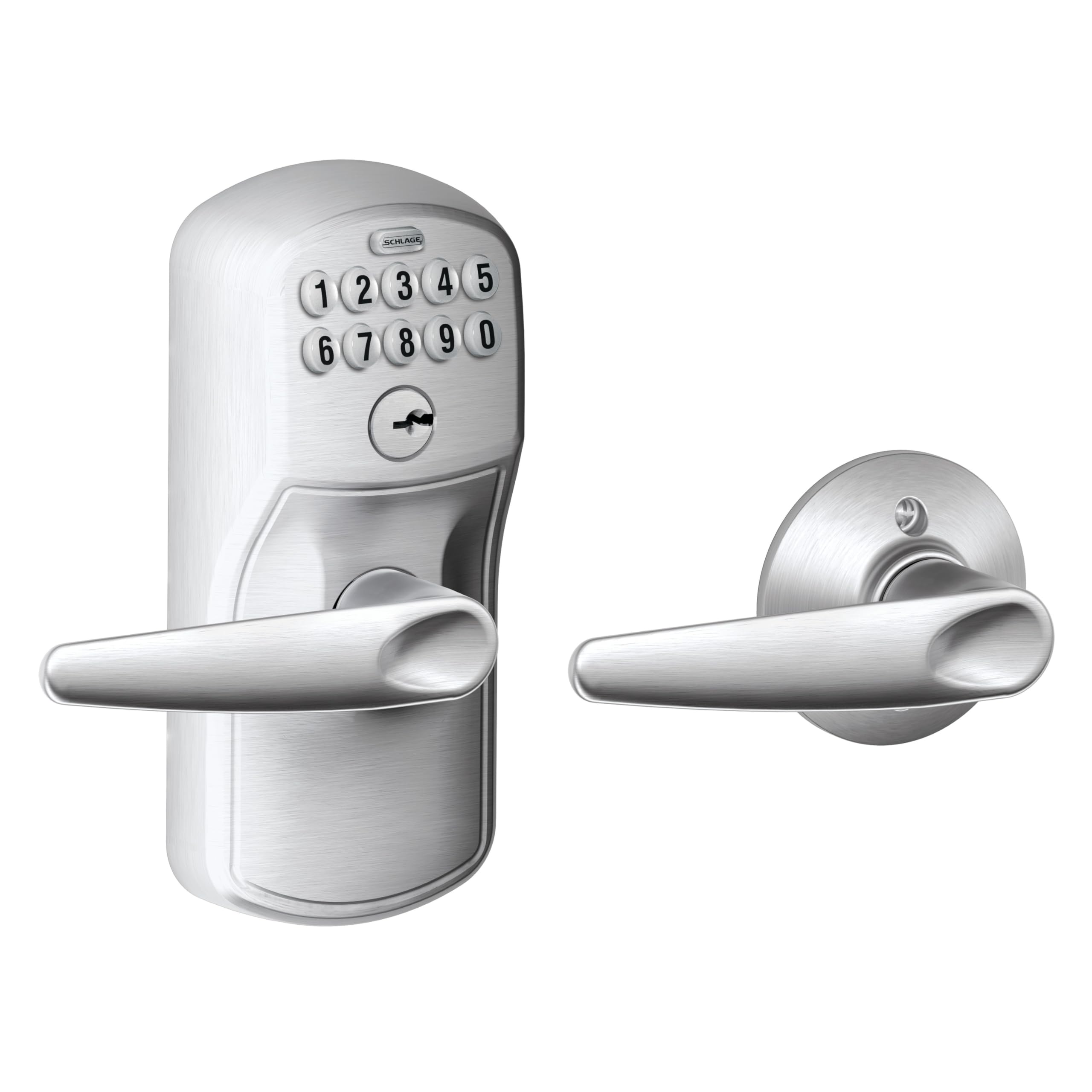 Schlage Plymouth Keypad Lock with Lever Handle, Electronic Keyless Door Entry, Auto‑Lock Enabled, Satin Chrome, FE575 PLY 626 ELA