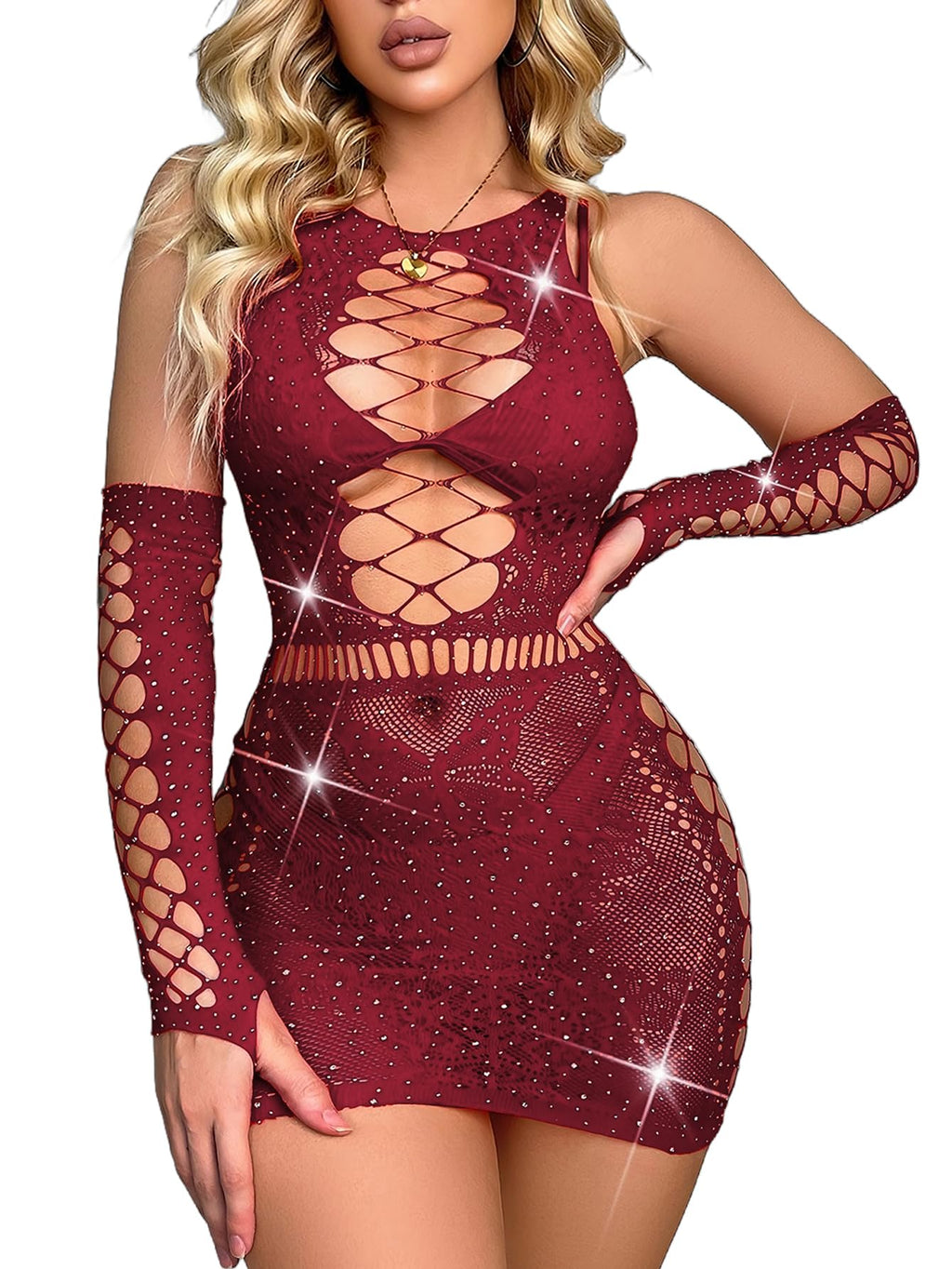 Avidlove Fishnet Lingerie Womens Mesh Chemise One Piece Babydoll Mini Dress Lace Sparkle Rhinestone Lingeries for Women