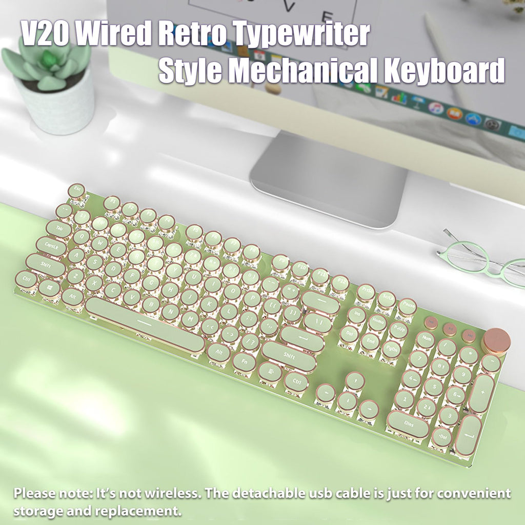 Typewriter Style Mechanical Gaming Keyboard White LED Backlit 104-Key NKRO Pink Switches Retro Round Keycaps Golden Ring Volume Knob Metal Panel Wired USB-C Detachable Cable, Rose Gold