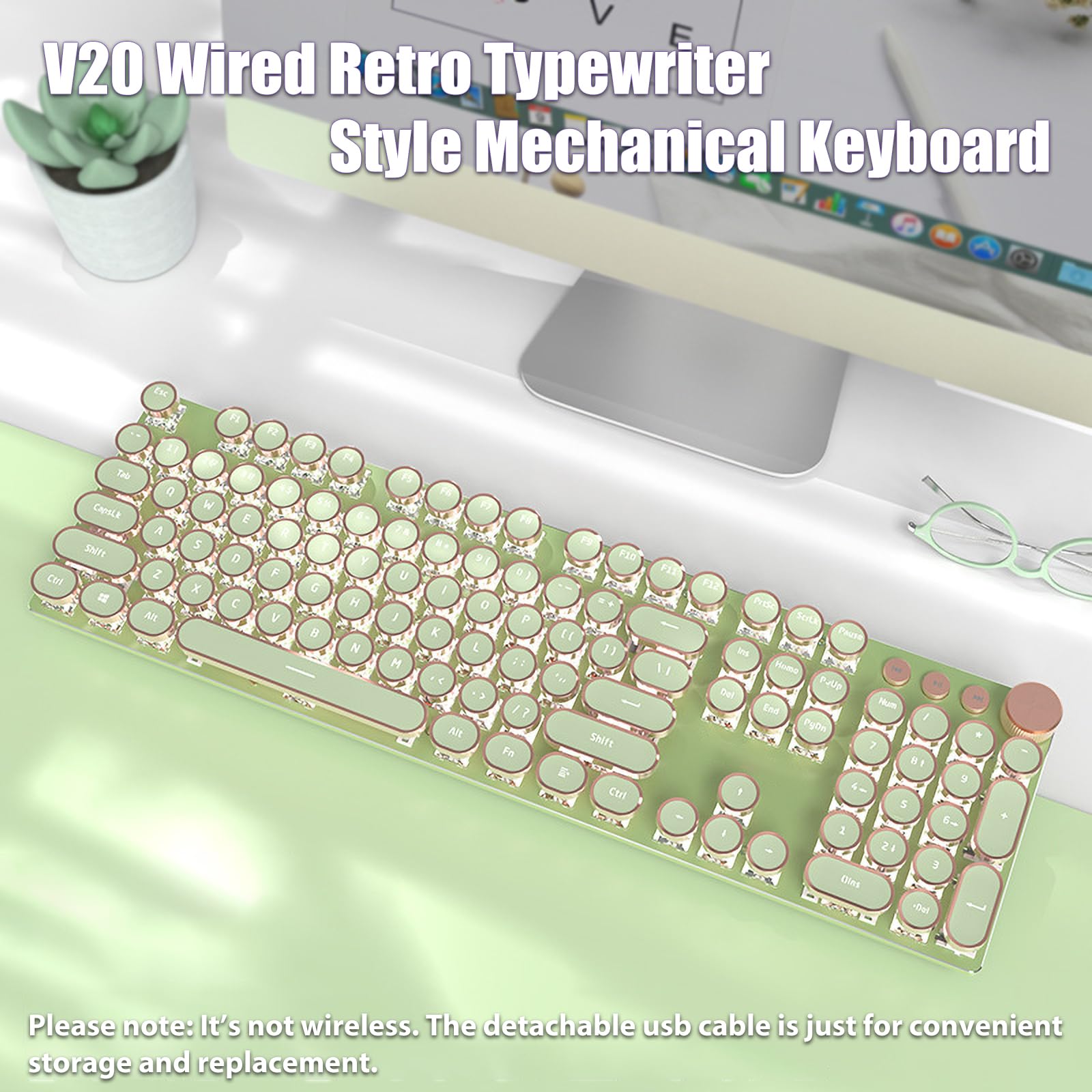 Typewriter Style Mechanical Gaming Keyboard White LED Backlit 104-Key NKRO Pink Switches Retro Round Keycaps Golden Ring Volume Knob Metal Panel Wired USB-C Detachable Cable, Rose Gold