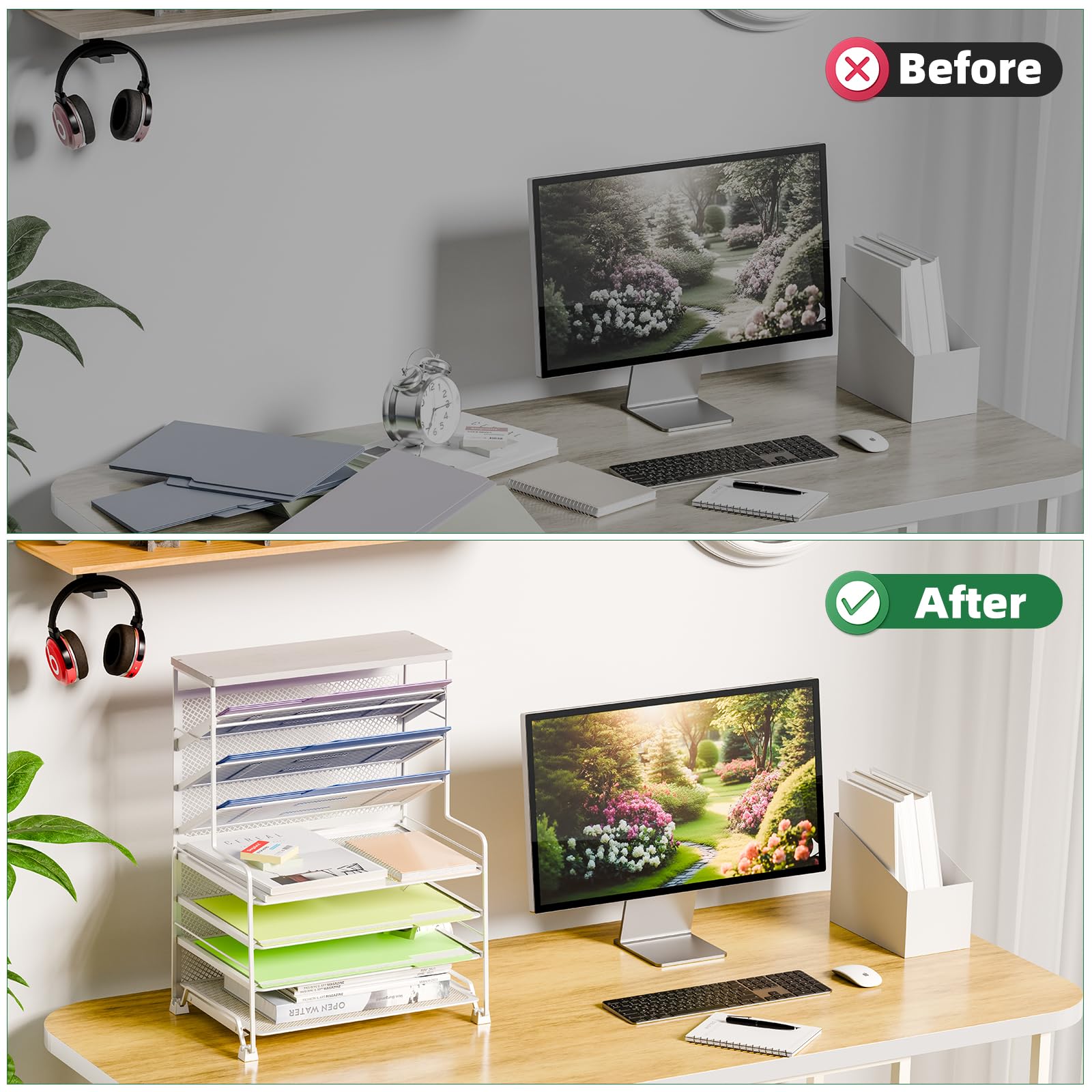 Simple Trending 7 Tier Desk File Organizer, Letter Tray Paper Organizer with Pen Holder and Metal Hanging Basket, Pink