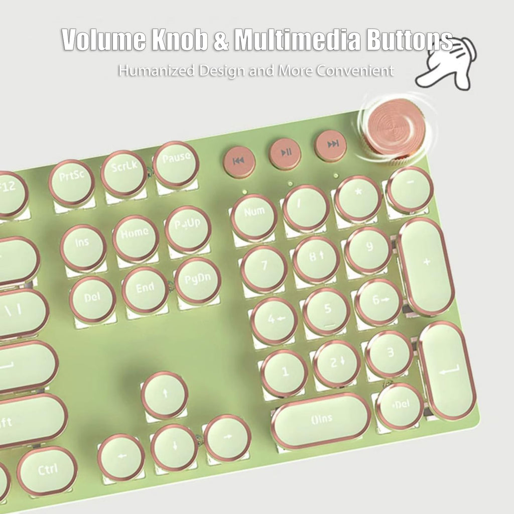 Typewriter Style Mechanical Gaming Keyboard White LED Backlit 104-Key NKRO Pink Switches Retro Round Keycaps Golden Ring Volume Knob Metal Panel Wired USB-C Detachable Cable, Rose Gold