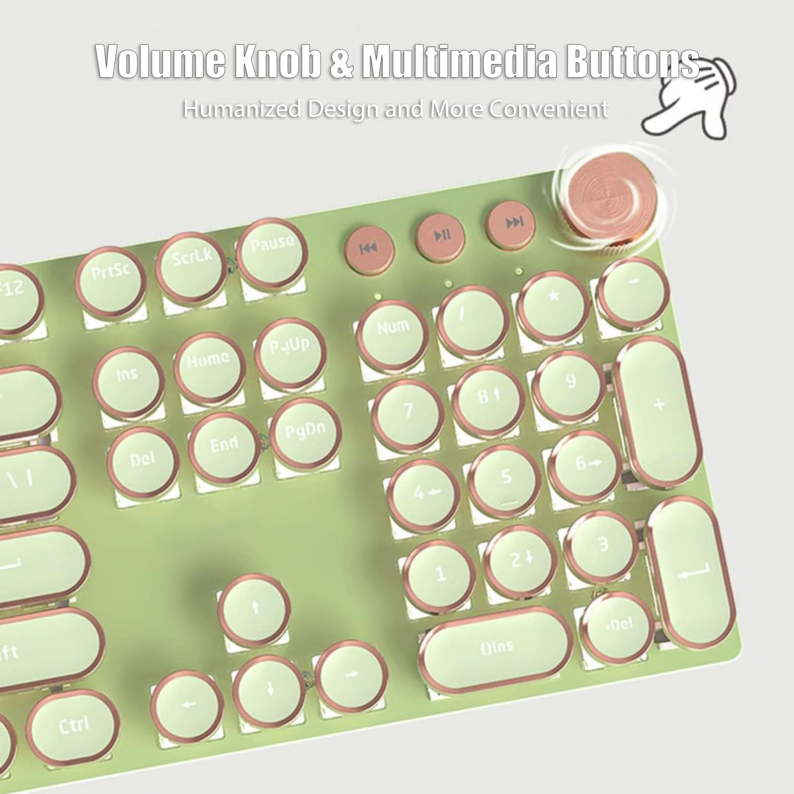 Typewriter Style Mechanical Gaming Keyboard White LED Backlit 104-Key NKRO Pink Switches Retro Round Keycaps Golden Ring Volume Knob Metal Panel Wired USB-C Detachable Cable, Rose Gold