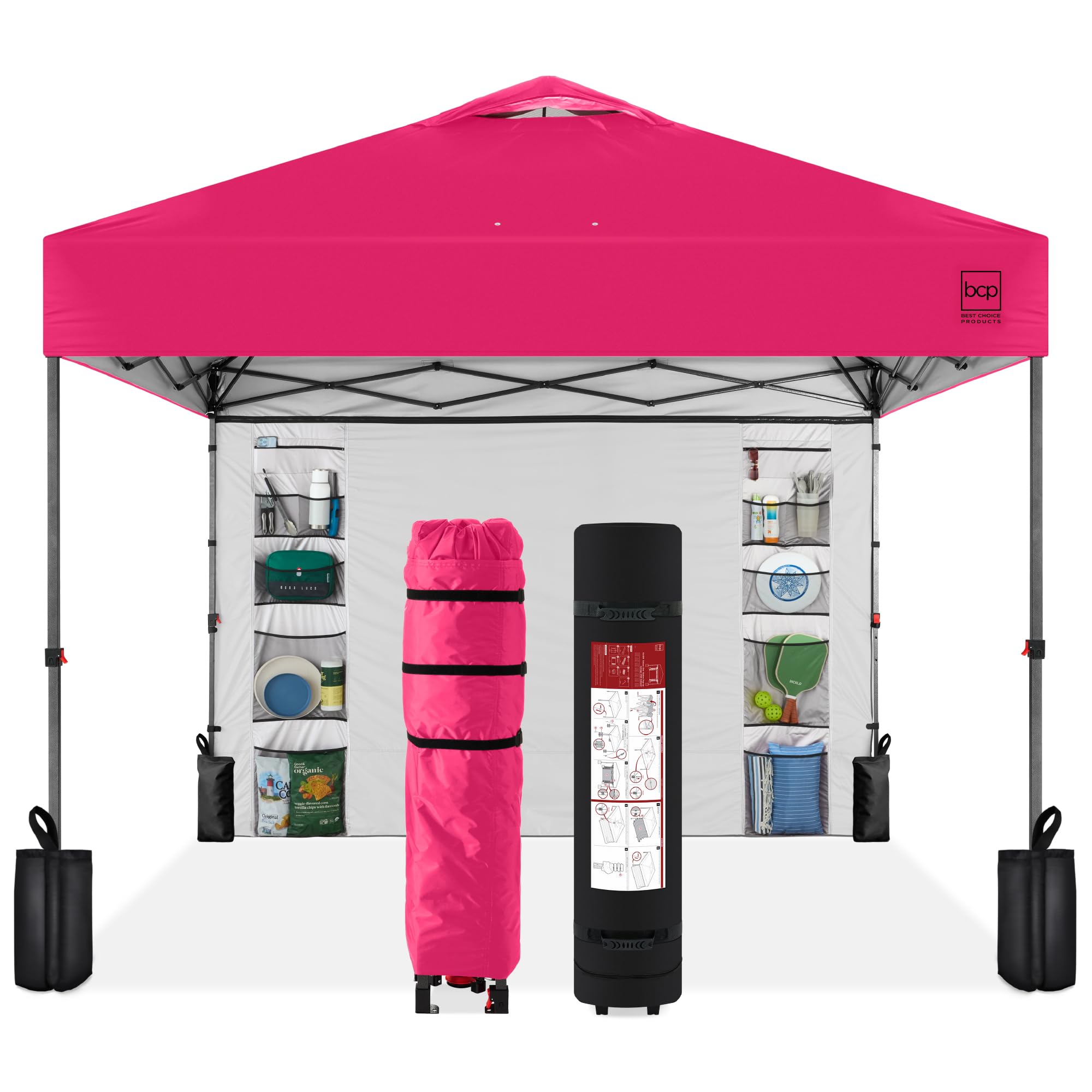 Best Choice Products 10x10ft Pop Up Canopy Tent with Sidewall, 1 Person 1 Minute Set Up, Carry Case, 4 Weight Bags - Pink/White