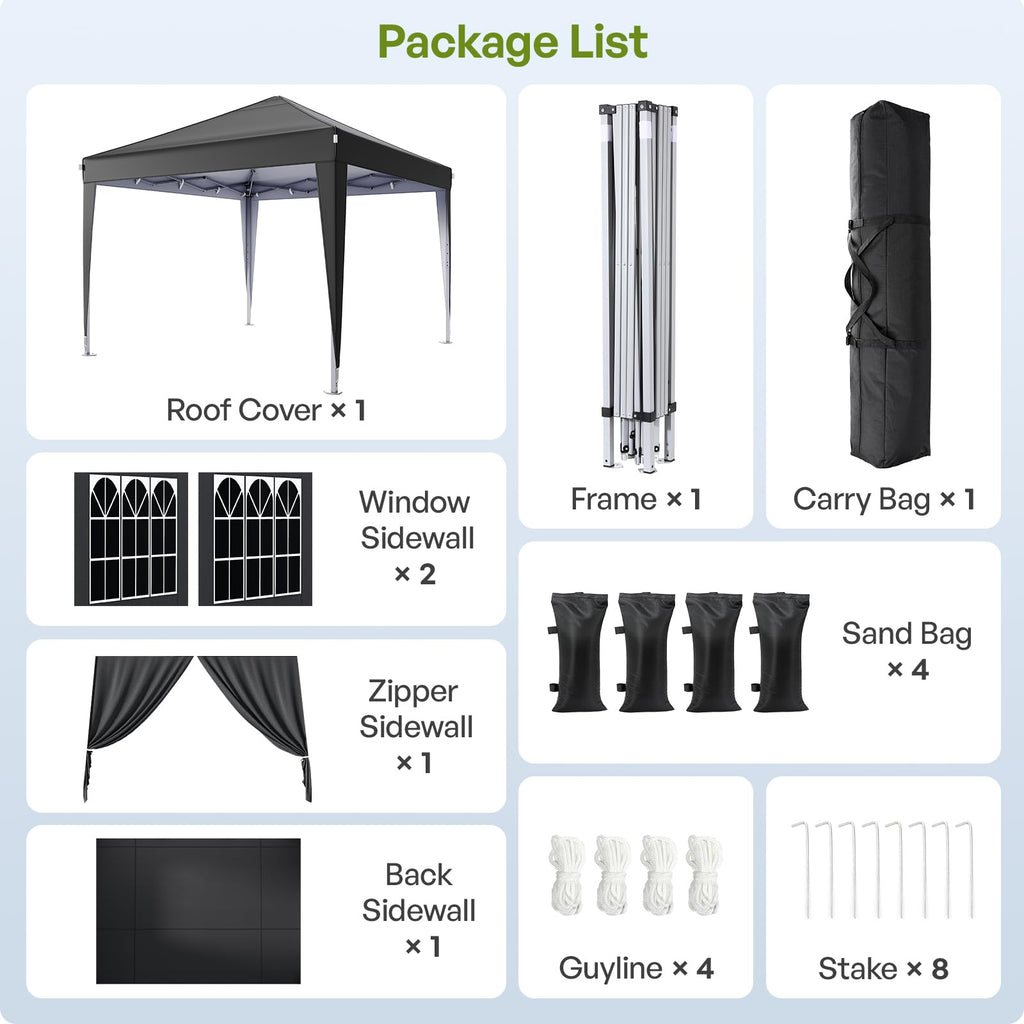 Driftalia 10x10 Pop Up Canopy with Sidewalls, Outdoor Instant Canopy Tent with Carry Bag for Commercial Events, Camping, Backyard Parties - White