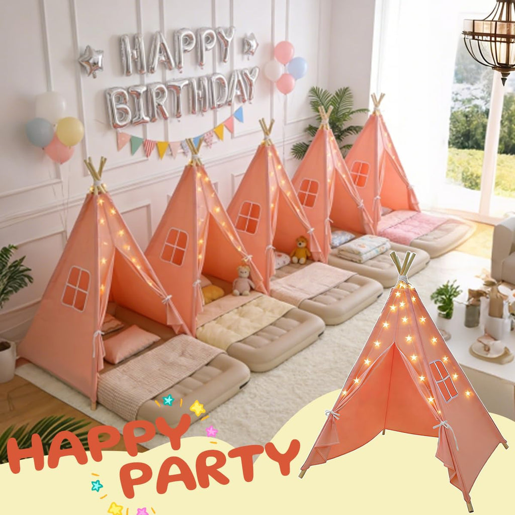 6 Pack Teepee Tent for Kids,Collapsible Kids Teepee Tent with 10 Ft String Lights,White Kid Teepee Boys Girls Indoor Outdoor Slumber Party Sleepover Party