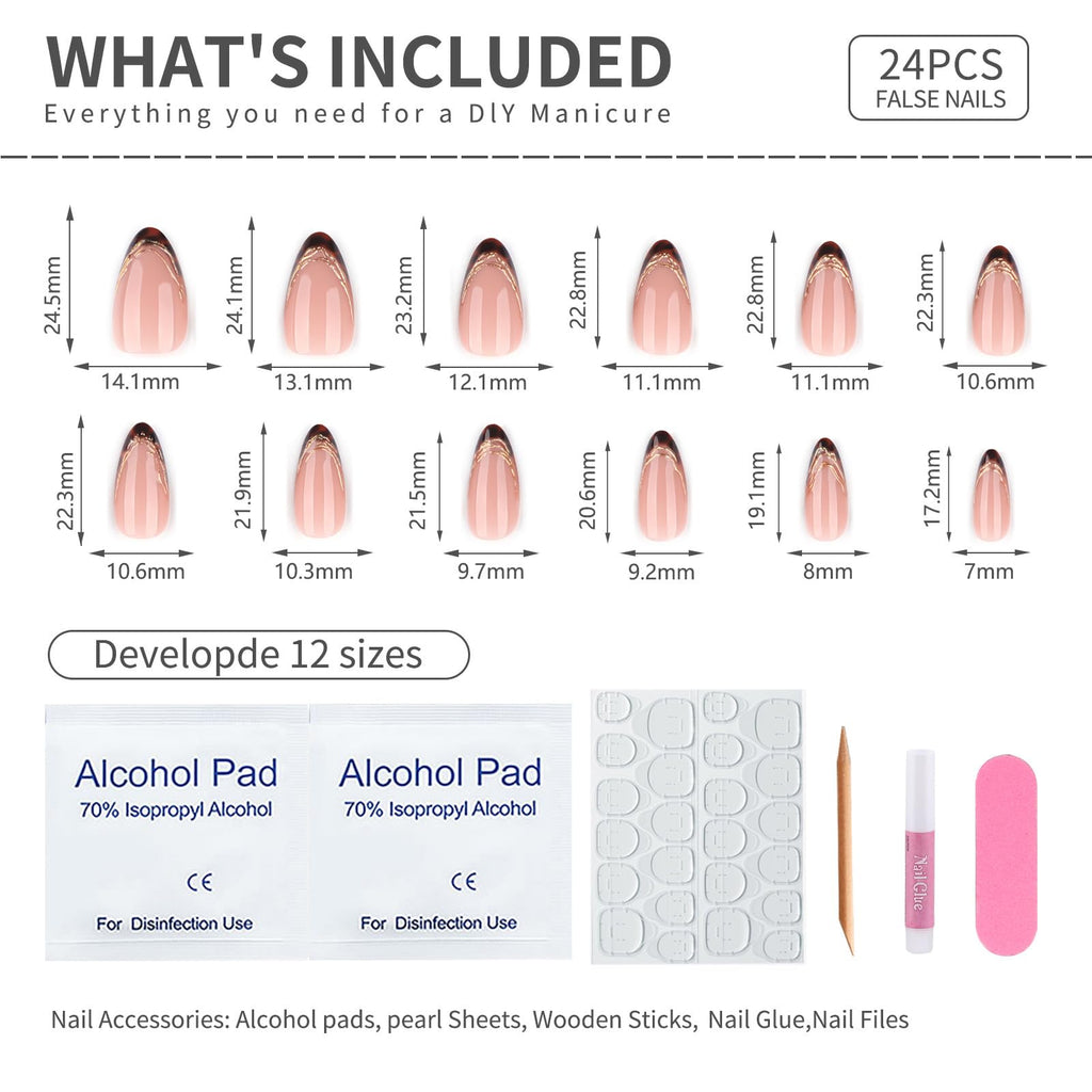 Summer French Press On Nails Short Almond, Cute Nude Pink Fake Nails with White French Tip & Brown Dot Detail, Glossy Gel Acrylic Stick On Nails, Perfect for Daily Wear & Gifts, New Packaging, 32PCS