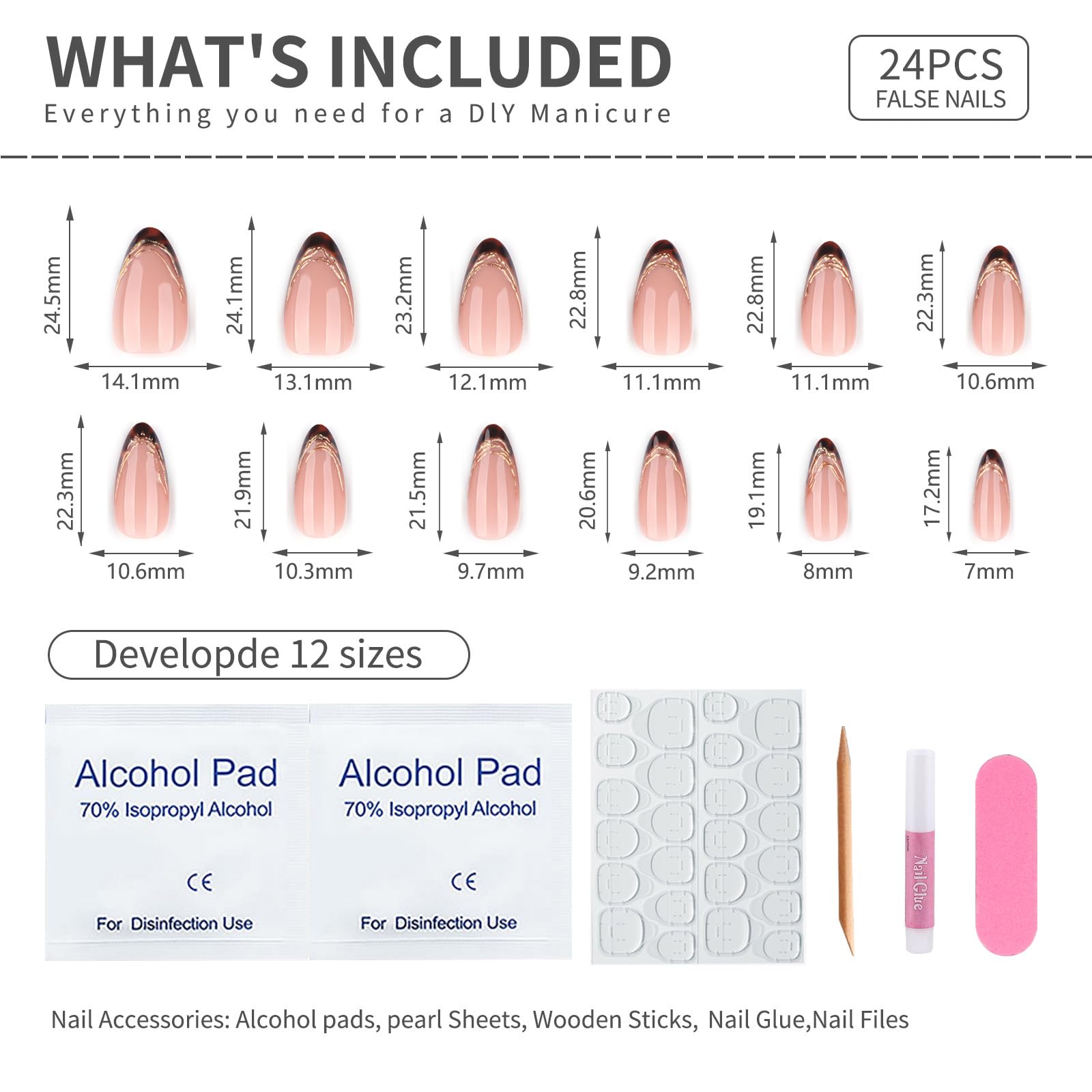 Summer French Press On Nails Short Almond, Cute Nude Pink Fake Nails with White French Tip & Brown Dot Detail, Glossy Gel Acrylic Stick On Nails, Perfect for Daily Wear & Gifts, New Packaging, 32PCS