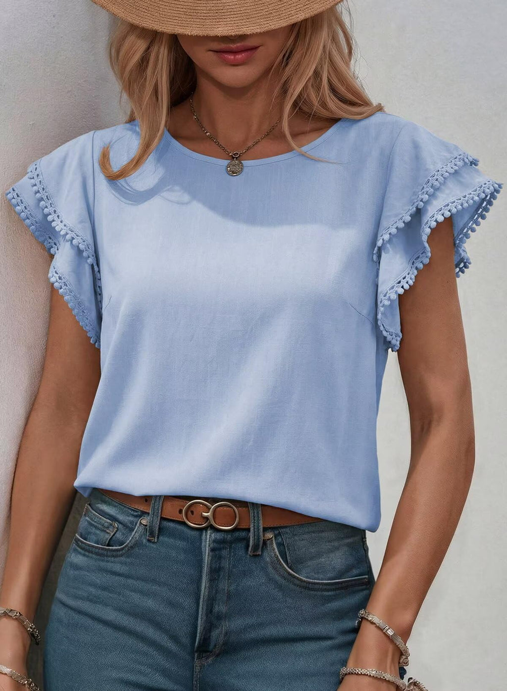 Dokotoo Summer Tops for Women 2026 Casual Round Neck Ruffle Cap Sleeve Blouse Shirts Solid Color Tunic Tops