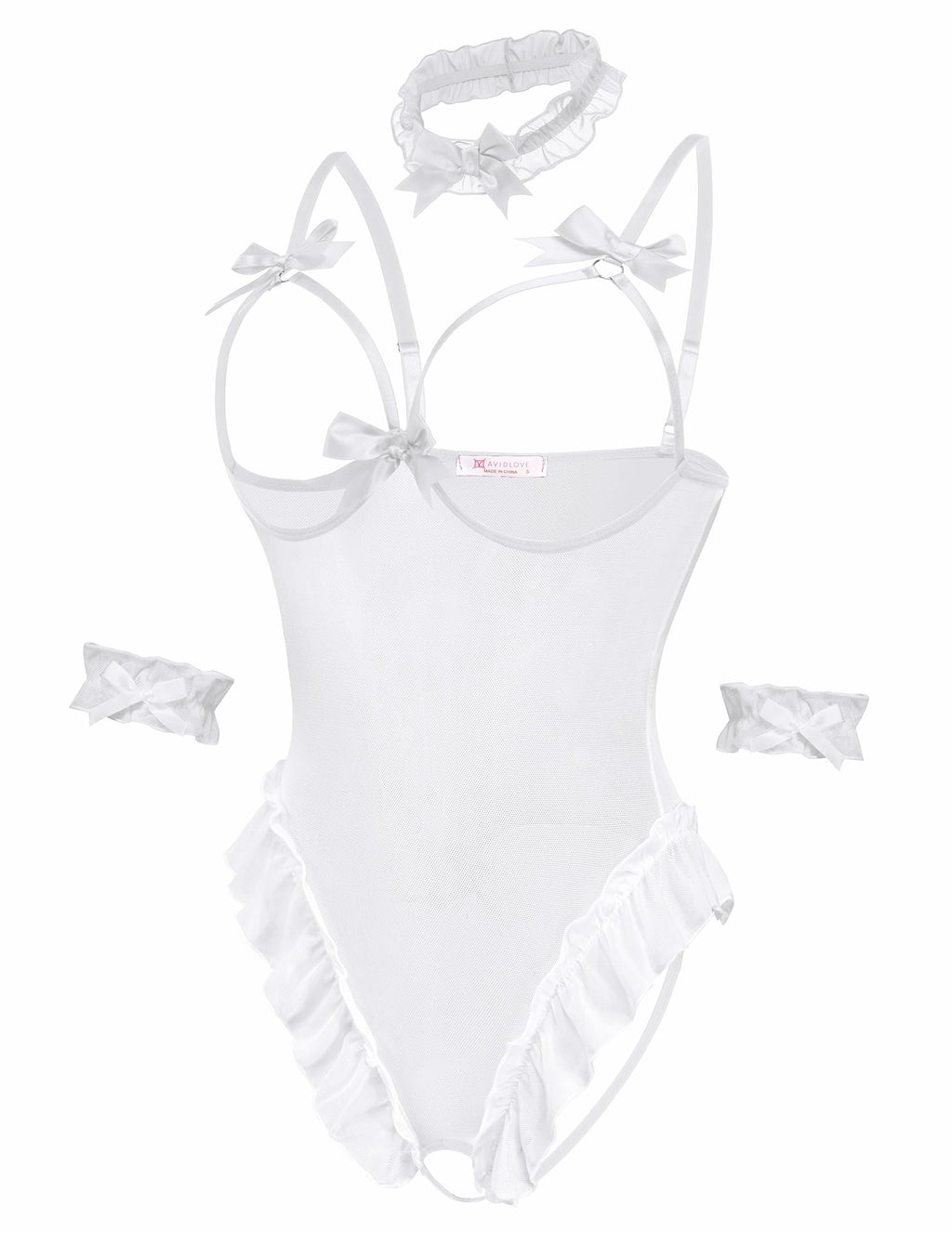 Avidlove Womens Lingerie Bodysuit 4 Piece Set Sheer Mesh Teddy Babydoll with Detachable Collar and Wrist Cuffs